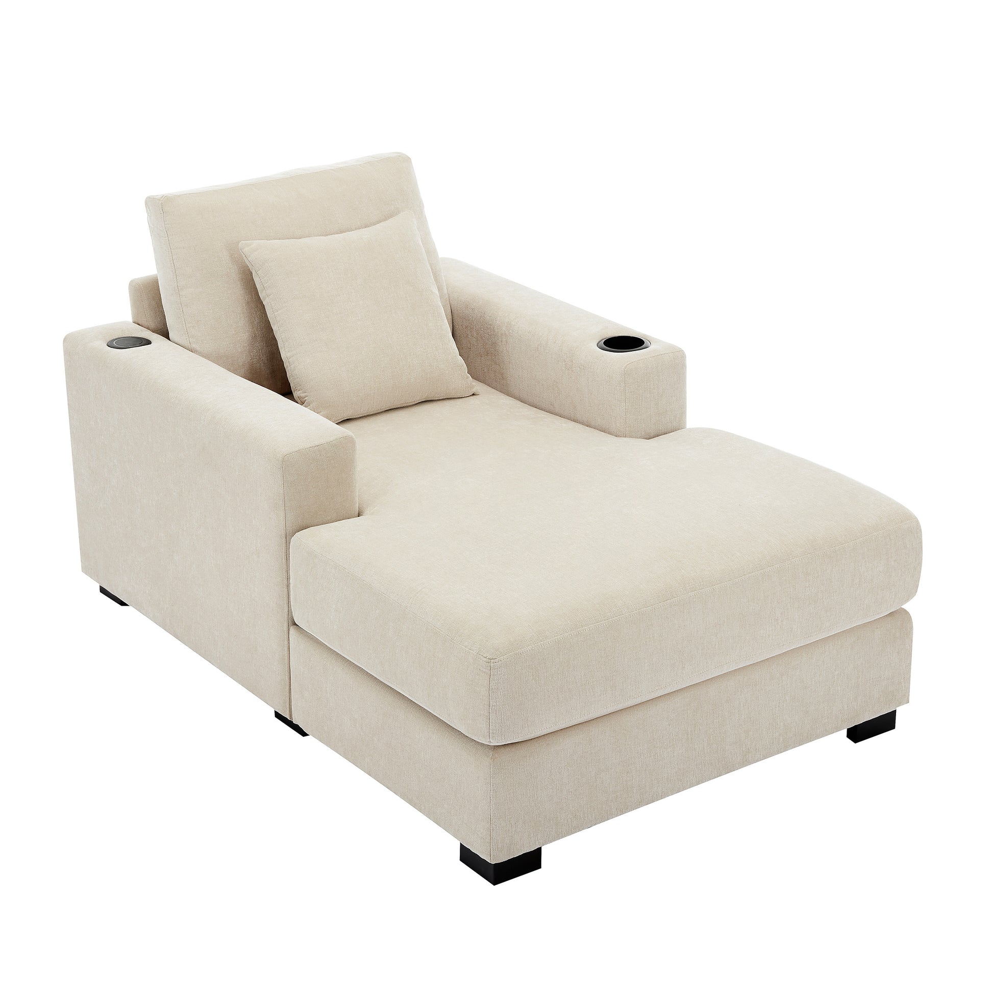 39.7" Oversized Chaise Lounger Modern Style Sofa Couch ,With Pillows, Charge Station & Cup Holders, Chenille Fabric, Cream Cream Chenille