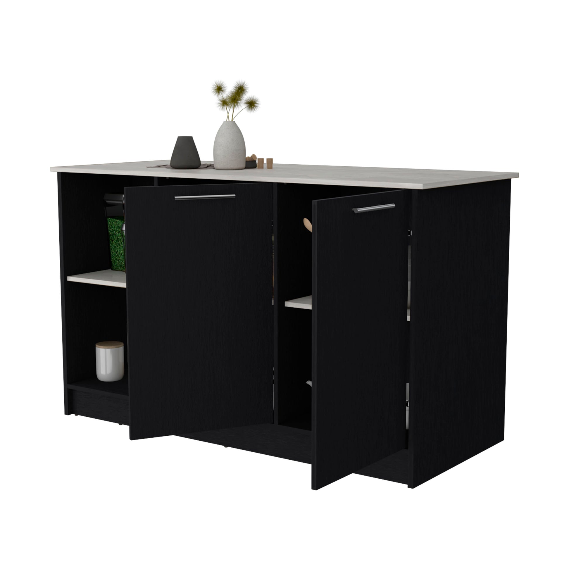 Mercury Kitchen Island With Spacious Countertop, Double Door Cabinets, And 2 Open Storage Shelves Multi Kitchen Rectangular Stationary Kitchen Islands Melamine Particle Board Large 56 In