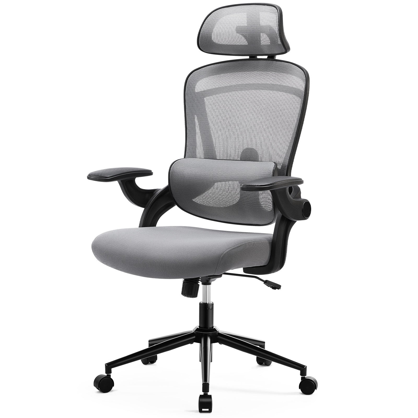 High Back Desk Chair With Adjustable Lumbar Support & Headrest,Comfortable Mesh Computer Chair With Soft Flip Up Arms, Adjustable Height And 120 Tilt,Gray Gray Abs Pc