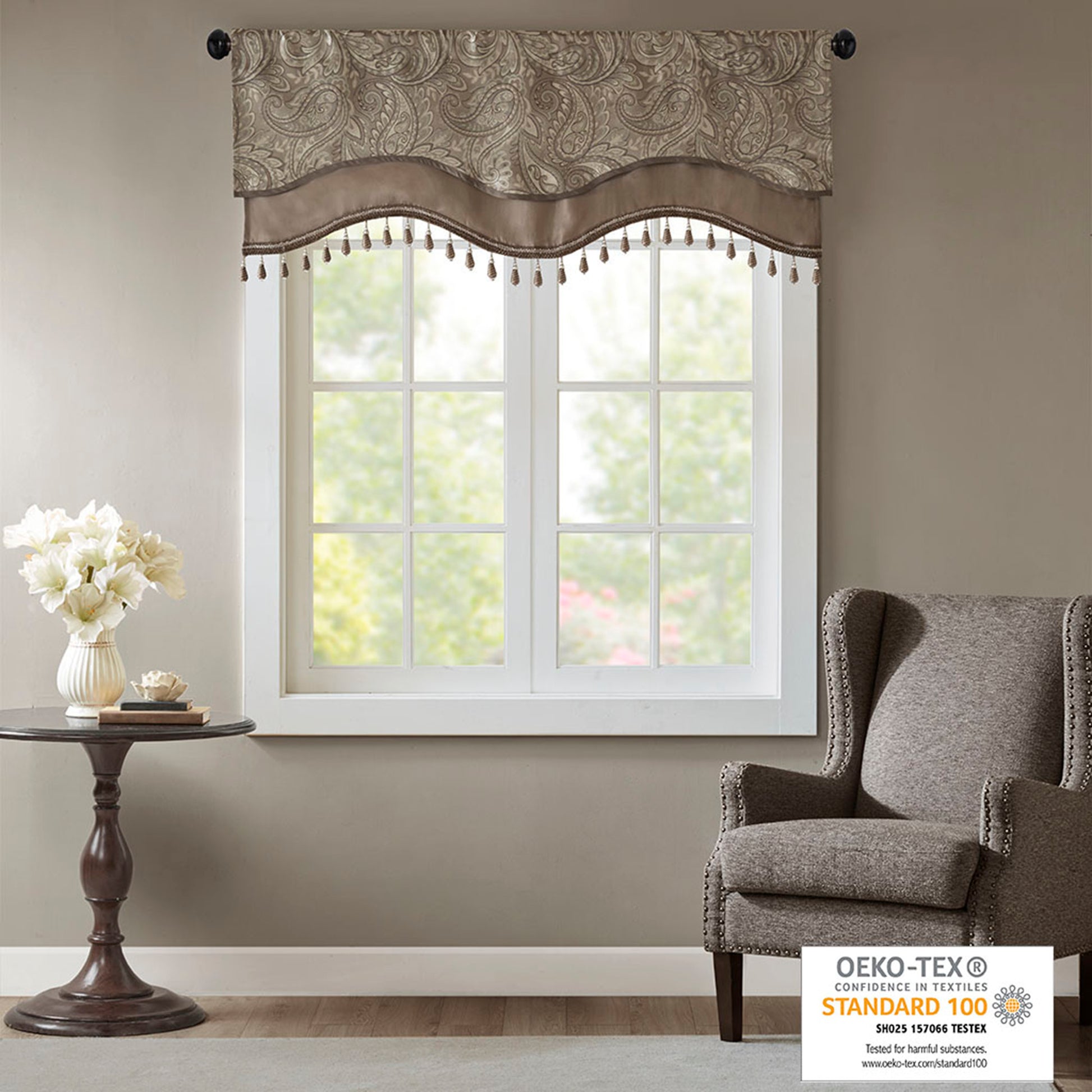 Jacquard Window Rod Pocket Valance With Beads Blue Brown 50X18" Blue Brown Polyester