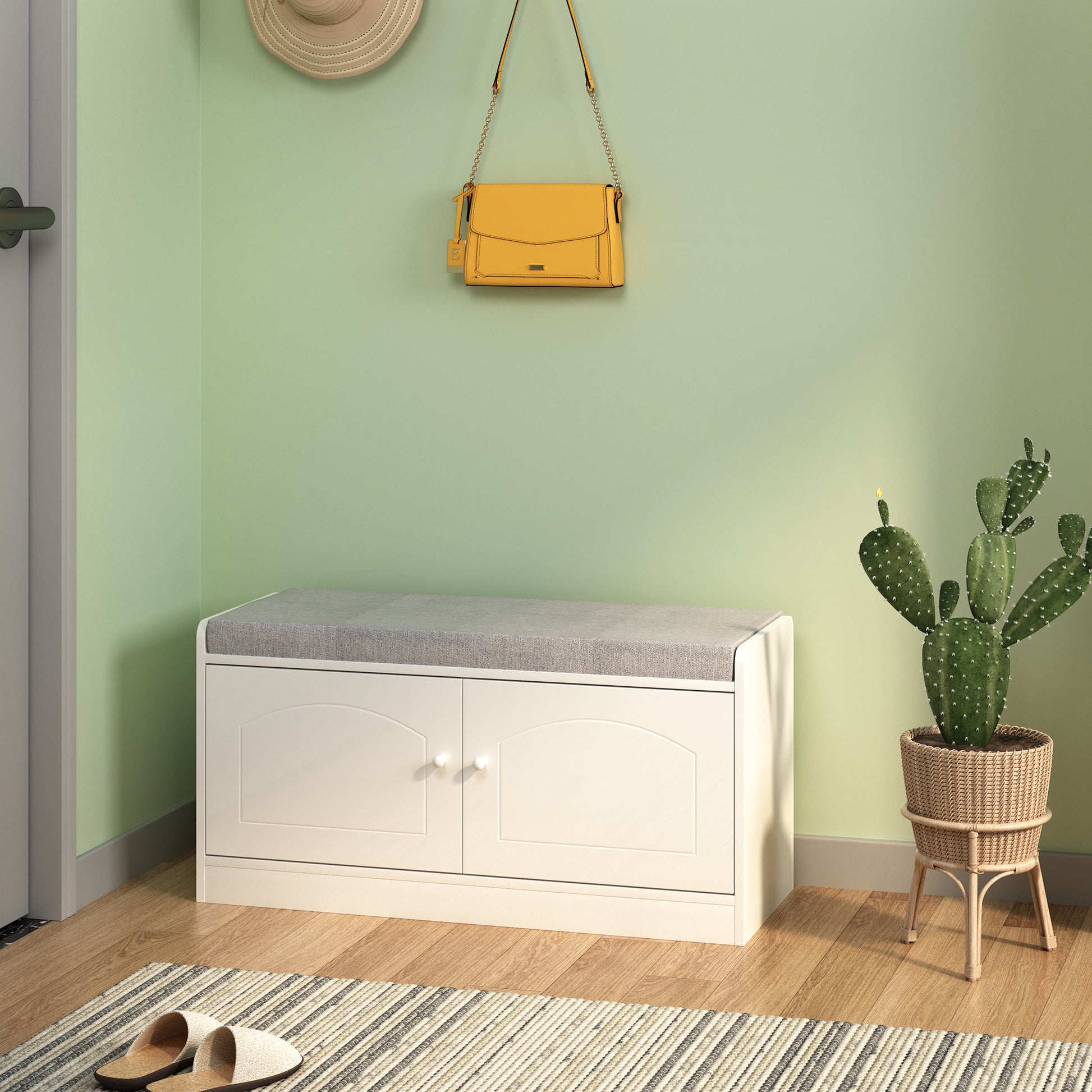 Shoe Storage Bench With 2 Door Cabinet, Entryway Bench With Shoe Storage, Shoe Bench With Cushion, Adjustable Shelves, Shoe Rack Bench For Entrance, Hallway, Bedroom, White Gray White Gray White