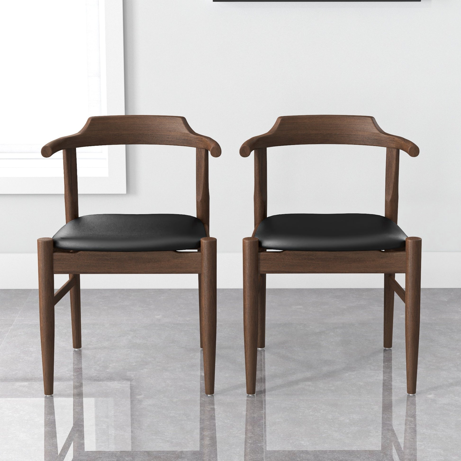 Leon Mid Century Modern Leather Dining Chair Set Of 2 Black,Wood Brown Dining Room Genuine Leather,Solid Wood