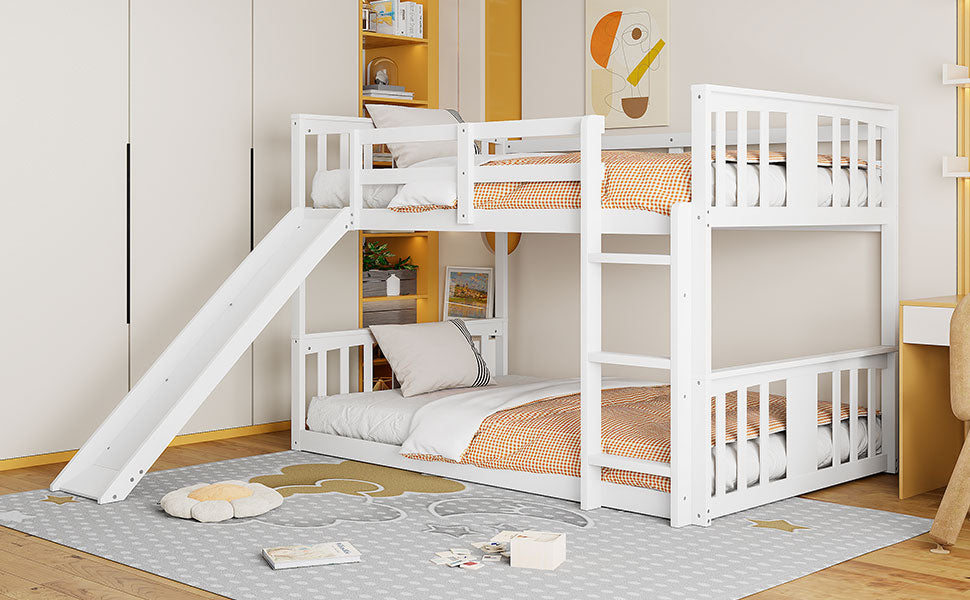 Twin Over Twin Bunk Bed With Slide And Ladder, White Old Sku:Lt000108Aak Twin White Plywood