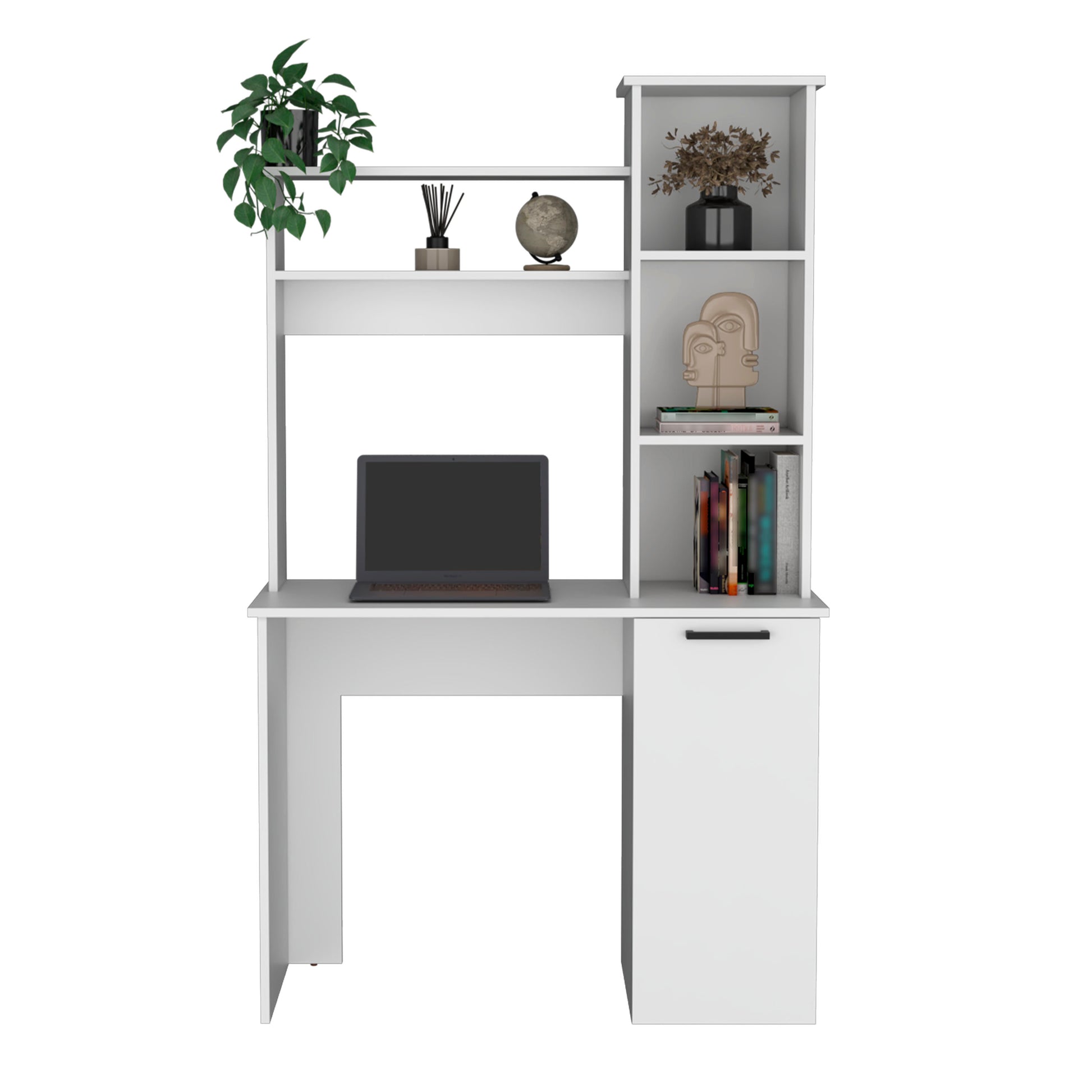 Muncy Computer Desk With Large Work Surface, Hutch Storage And Single Door Cabinet With 3 Tier Shelves, White White Particle Board Particle Board