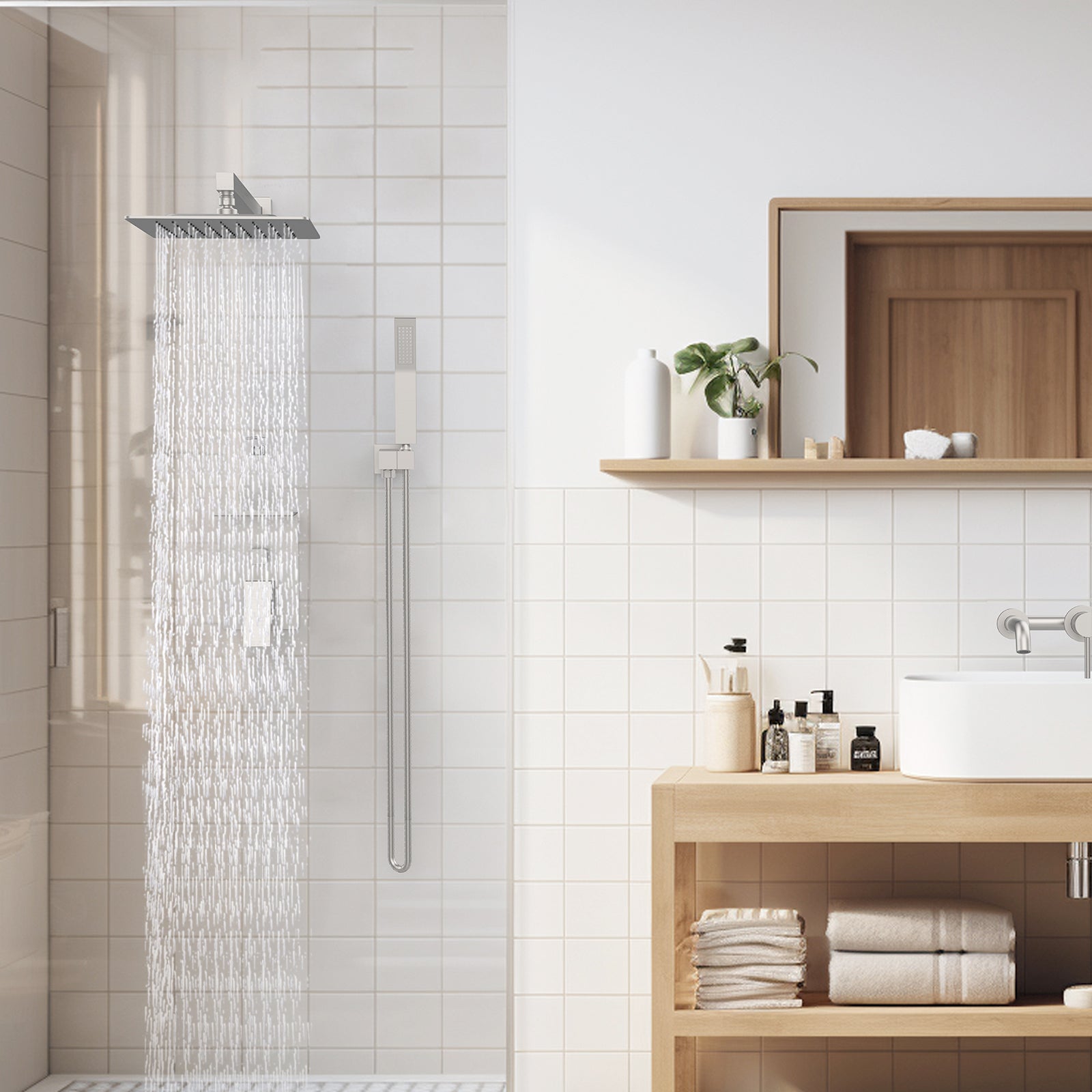 Rainfall Shower System With Storage Rack 10 Inch Shower Faucet Set Brushed Nickel With High Pressure With Square Shower Head Luxury Shower Set Wall Mount Brushed Nickel Metal