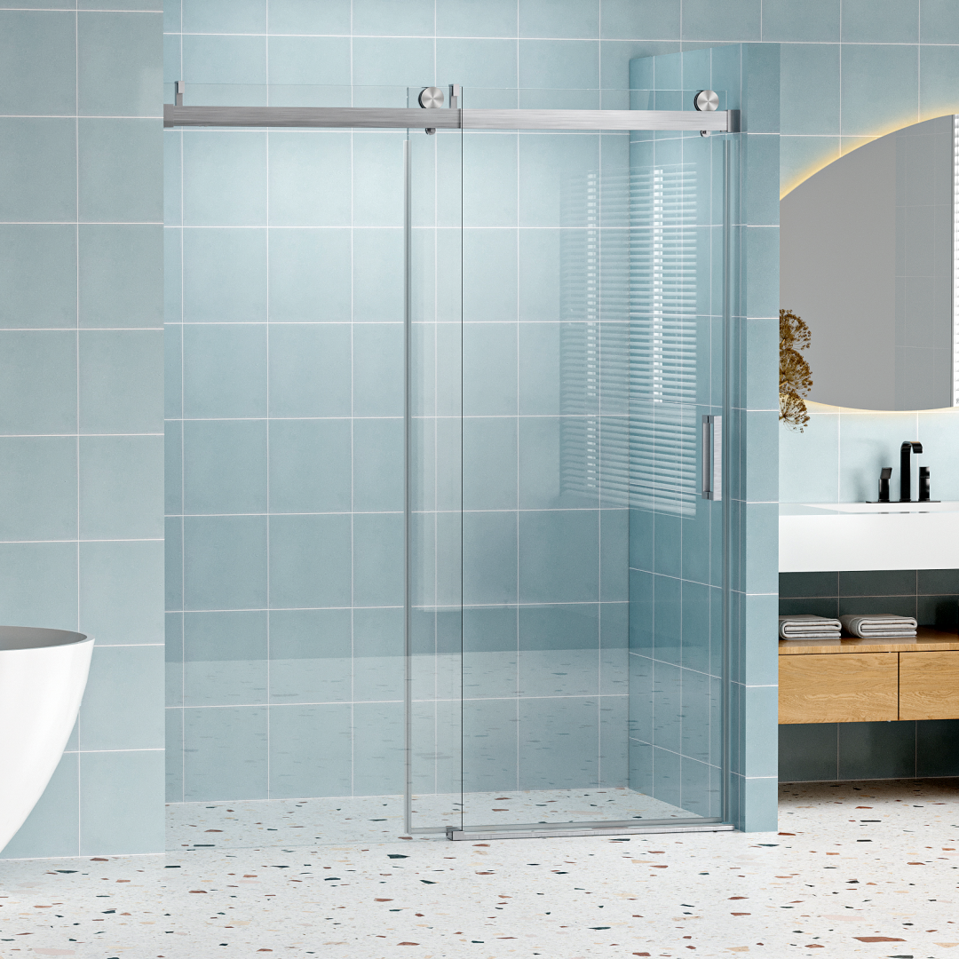 56" 60" W X 76" H Frameless Shower Door Soft Closing Single Sliding, 1 4" 6Mm Tempered Glass With Explosion Proof Coating, 24D01 60Bnx Brushed Nickel Brushed Nickel Bathroom Tempered Glass