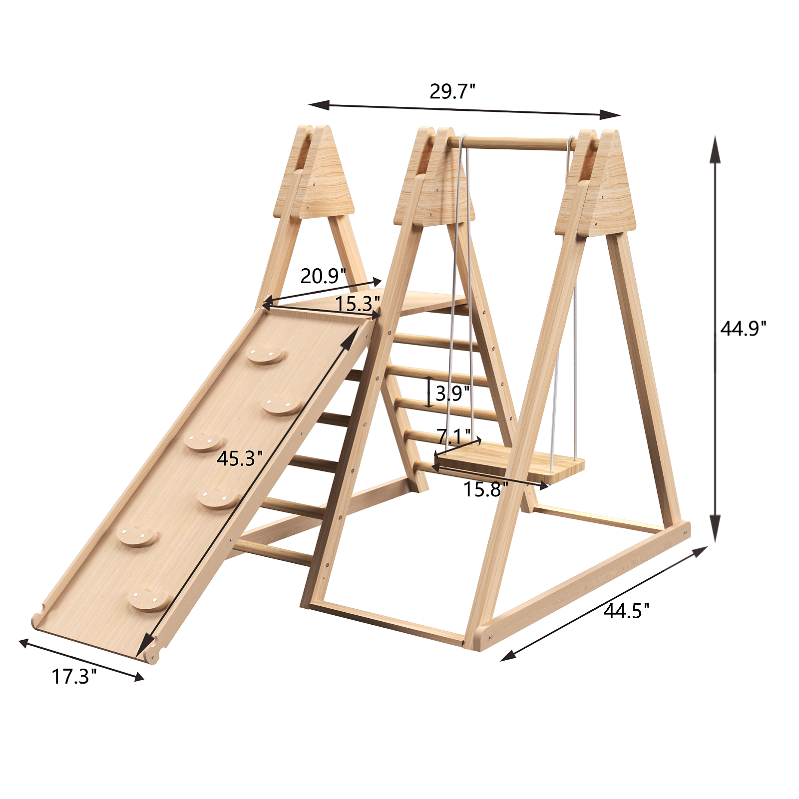 4 In 1 Juniper Indoor Play Gym Jungle Gym Playset With Baby Swing, Slide, Ladder, And Climbing Wall Foldable Wooden Playset Indoor Jungle Gym For Kids Natural Wood Pine