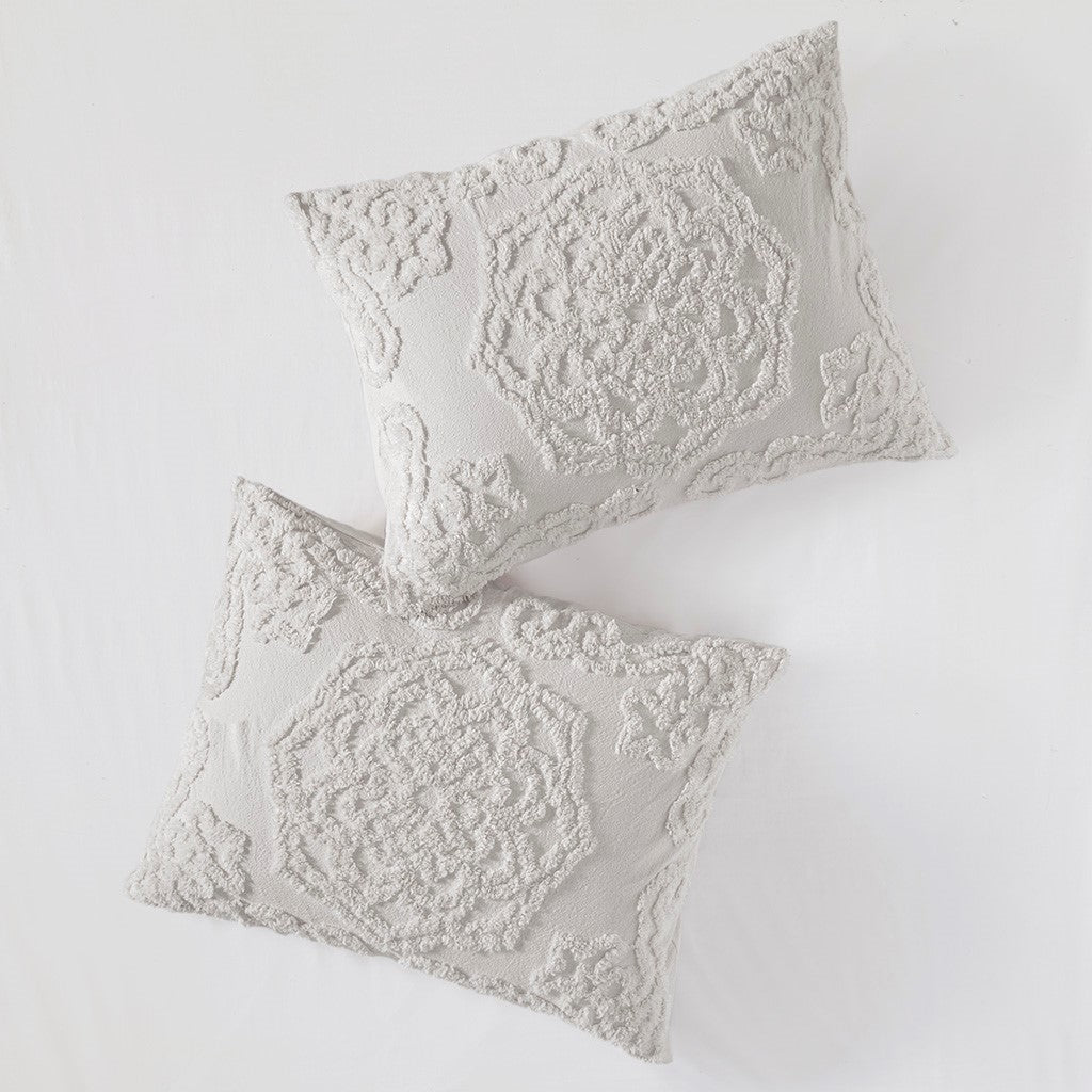 3 Piece Tufted Cotton Chenille Medallion Comforter Set Grey Full Queen Full Grey Cotton