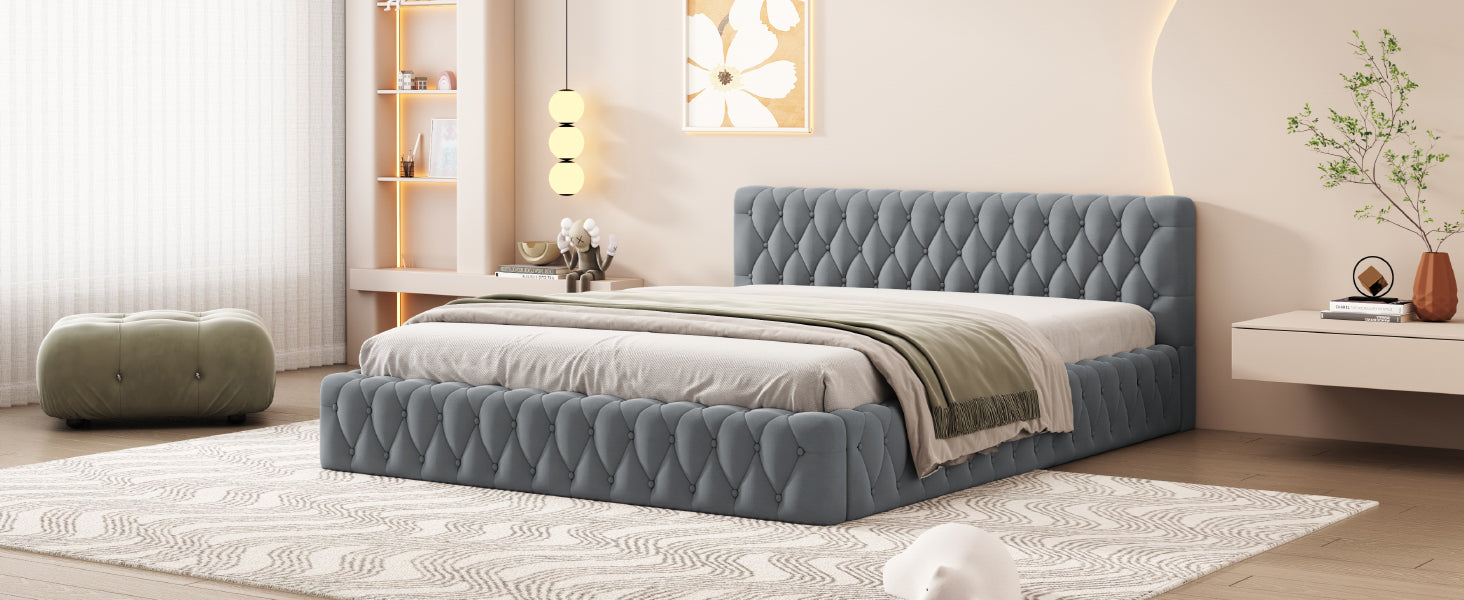 Queen Size Velvet Upholstered Platform Bed, With Luxurious Diamond Grid Headboard,Gray Queen Gray Plywood