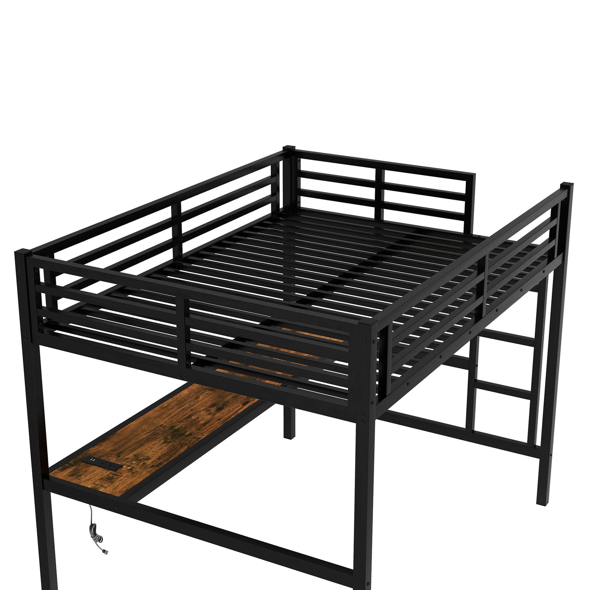 Metal Full Size Loft Bed With Power Outlet And Led Lighted, Space Saving, Noise Reduced, Black Full Black Metal