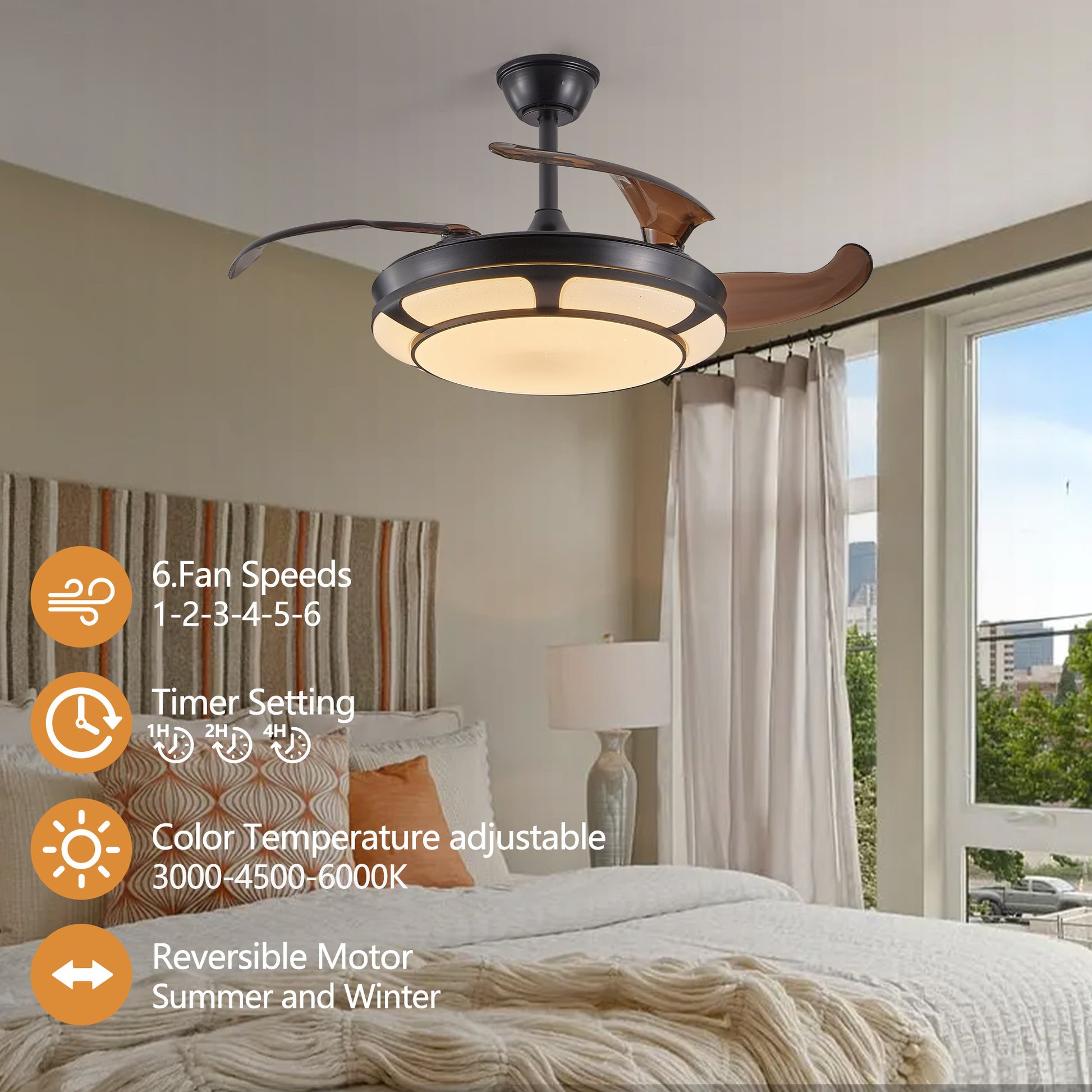 Modern Minimalist Invisible Ceiling Fan Light Retractable Fan With Led Fixtures For Living Room, Bedroom And Dining Room Black Acrylic Iron