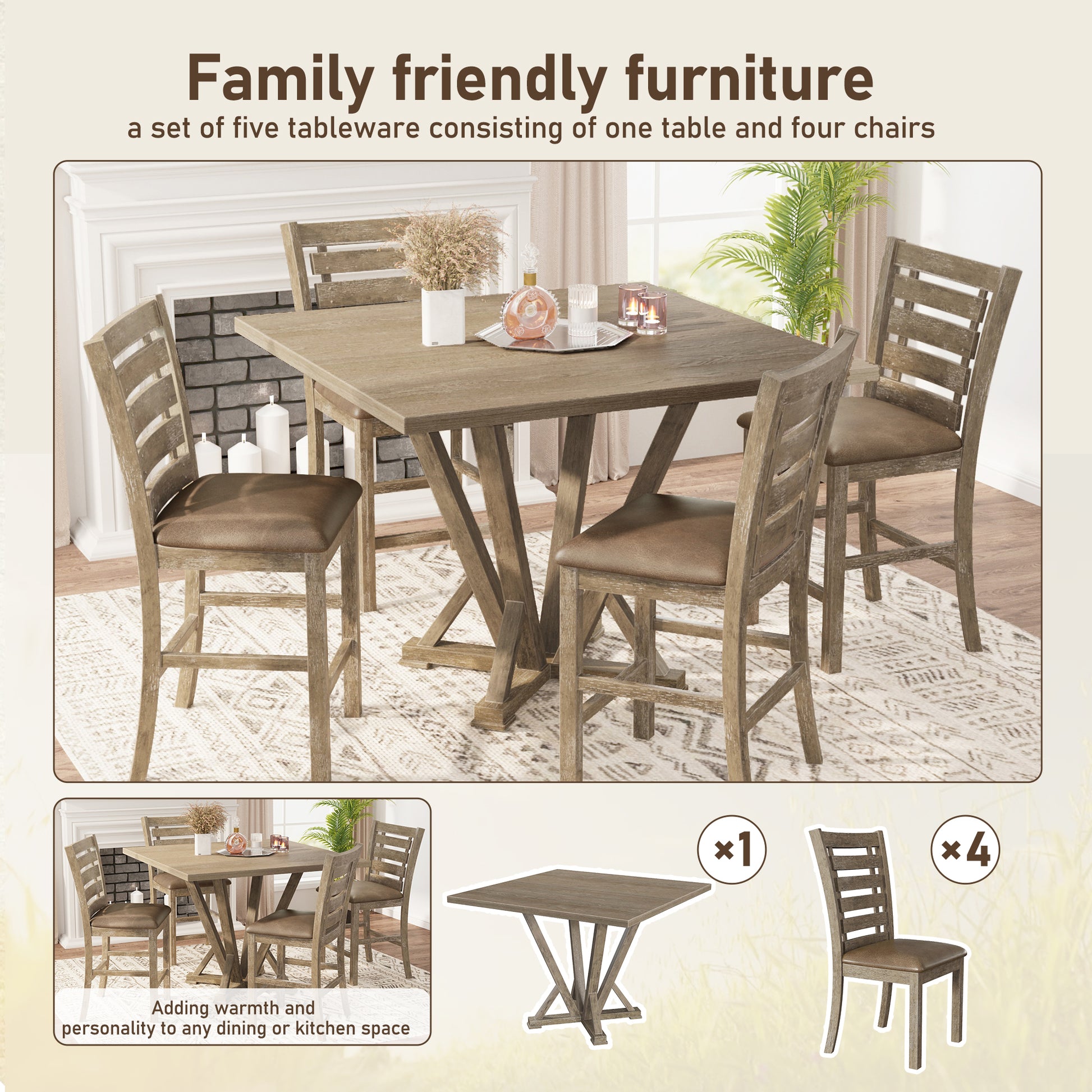 5Pcs Set Counter Table Set Square Counter Table Solid Wood Modern Farmhouse Rustic Look Distressed Look Light Brown Dining Room Fixed Table Rubberwood Square Dining Table With Chair Wood Grayish Brown Ladder Back Seats 4 48 Inches American