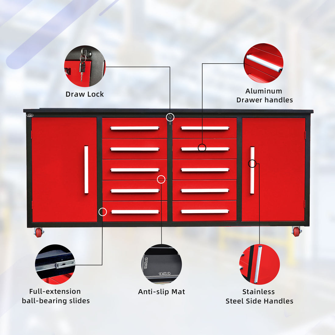 7Ft Storage Cabinets With Workbench 10 Drawers & 2 Cabinets Red Red Steel