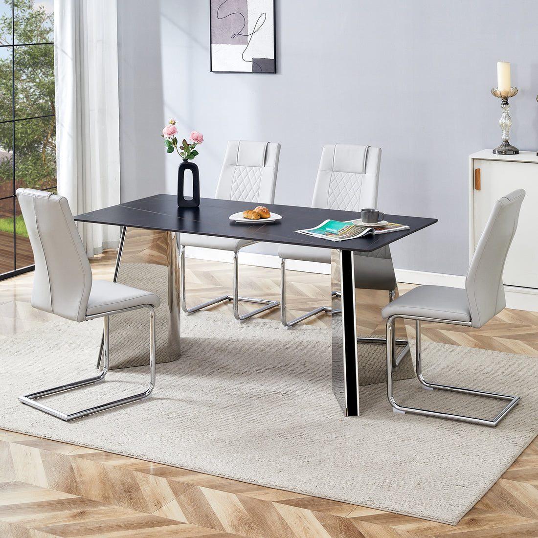 Table And Chair Set.63"X31.5X30" Black Marble Patterned Slabs Tabletop With Stainless Steel Butterfly Legs.Paried With 4 Light Gray High Quality Pu Chairs With Silver Metal Legs. Light Gray,Silver