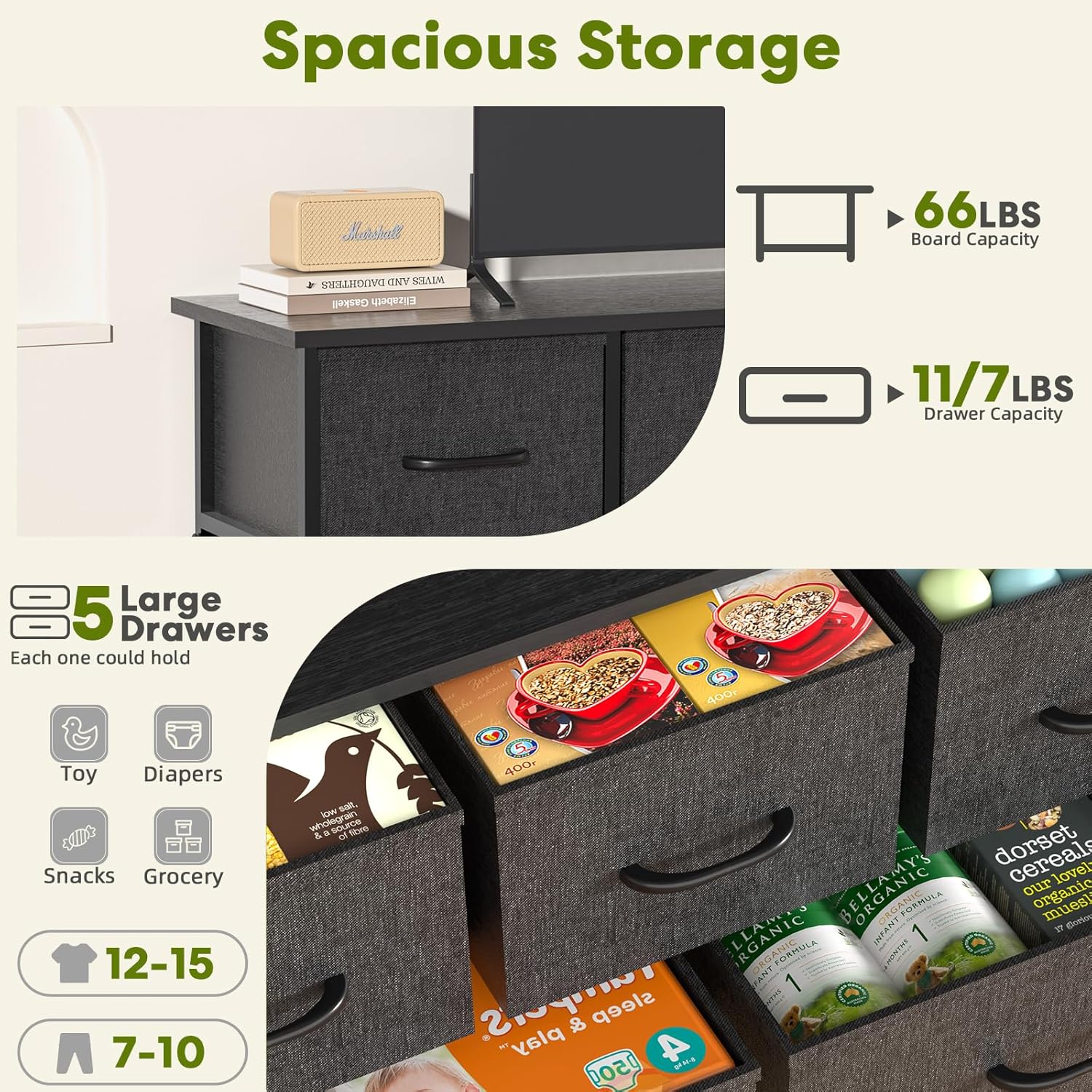 5 Drawers Dresser For Bedroom, Kidsroom Furniture, Wide Chest Of Drawers, Storage Organizer Units With Fabric Bins For Closet, Entryway, Metal Frame, Waterproof Wood Top, Adjustable Feet Black Wood