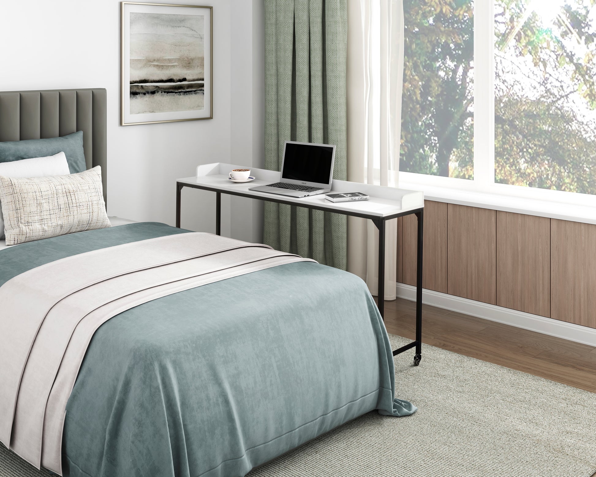 White Finish Multipurpose Over The Bed Desk With Adjustable Height, Metal Legs With Casters, Overbed Table 1Pc, Laptop Table For Bed, Breakfast Table Black White Rectangular Engineered Wood,Metal