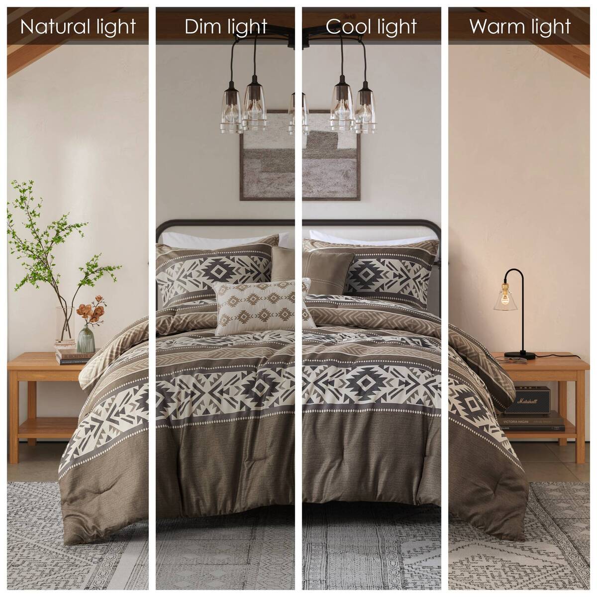 5 Piece Stripe Herringbone Comforter Set With Throw Pillows Brown Full Queen Brown Polyester