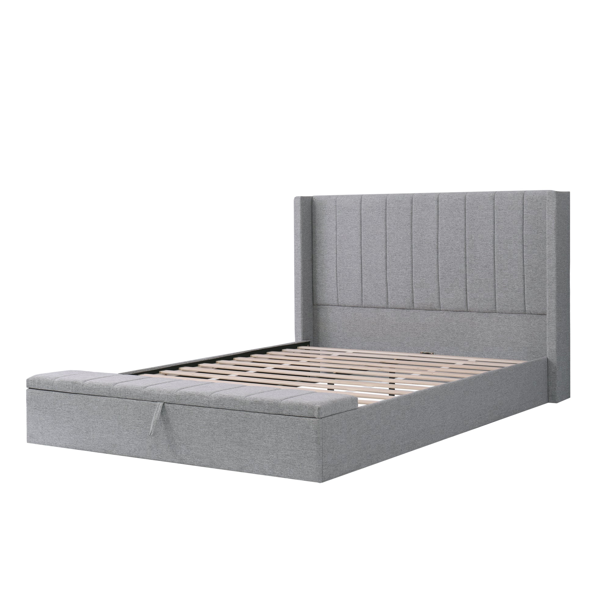 Queen Size Platform Bed With Headboard, Upholstered Platform Bed With Storage, Grey Box Spring Not Required Queen Grey Wood Bedroom Storage Included Foam Polyester Fabric,Plywood,Steel,Upholstered
