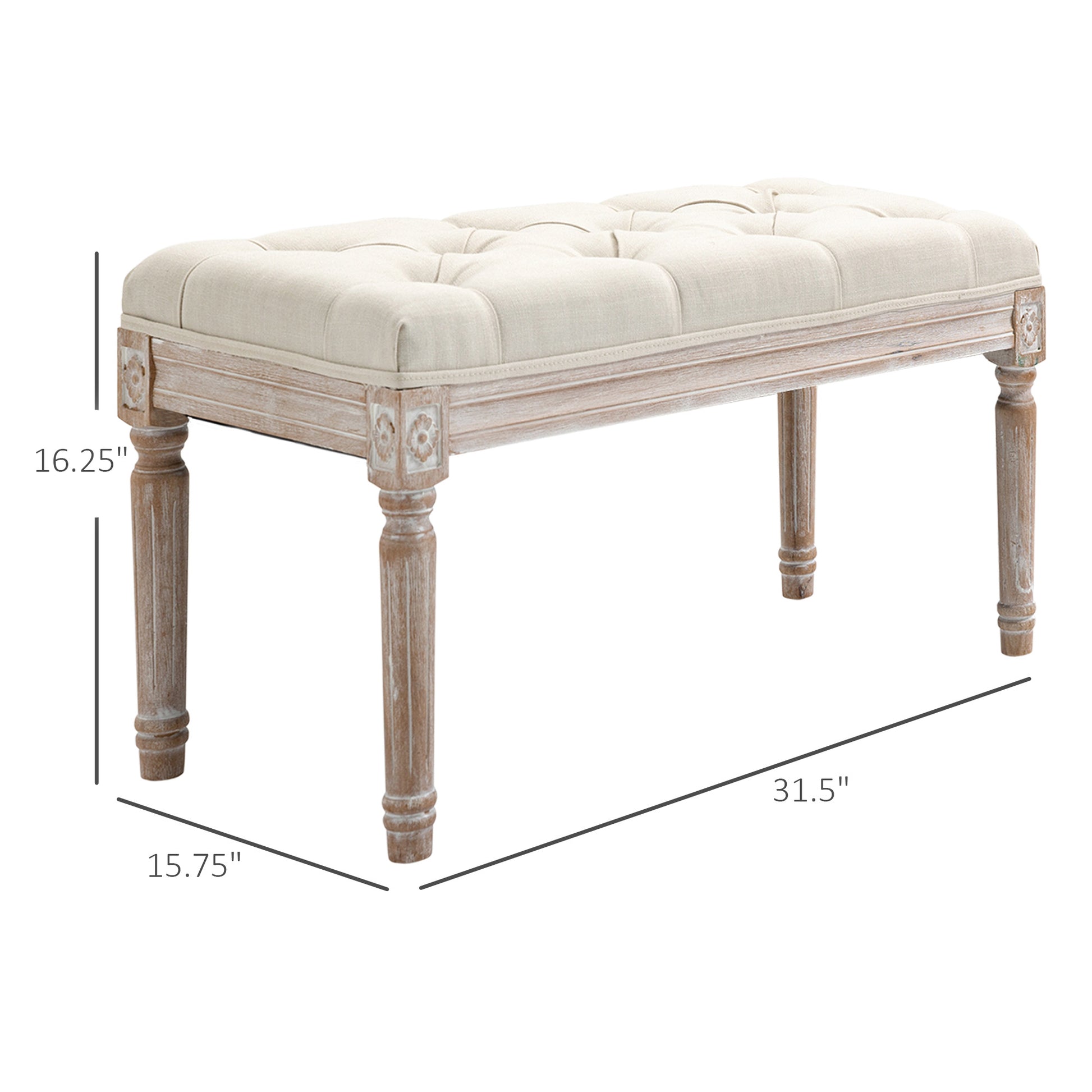 Homcom 32" Vintage Ottoman, Tufted Foot Stool With Upholstered Seat, Rustic Wood Legs For Bedroom, Living Room, Beige Beige Linen