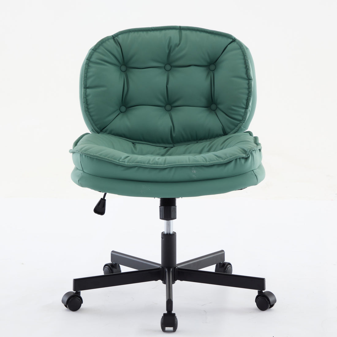 Armless Office Desk Chair With Wheels: Pu Leather Cross Legged Wide Chair,Comfortable Adjustable Swivel Computer Task Chairs For Home,Office,Make Up,Small Space,Bed Room Green Antique Fiber Foam And Polyester Fiber Pad Pvc