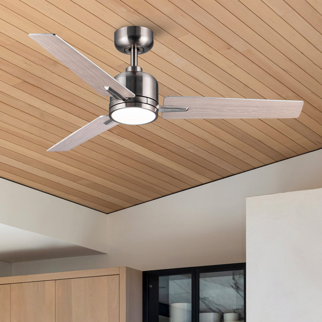 48" Brushed Nickel Lowe Profile Ceiling Fan With Light Brushed Nickel Plywood