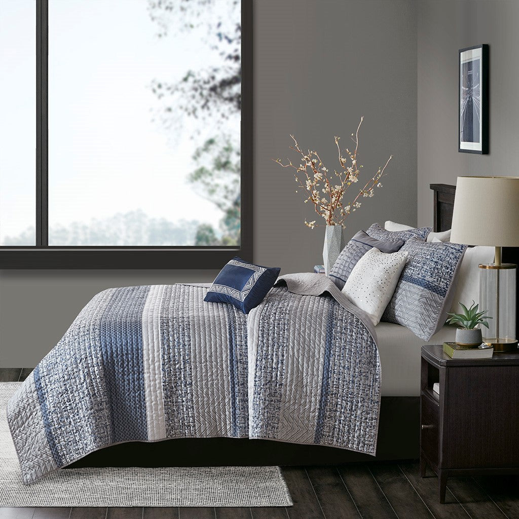6 Piece Reversible Jacquard Quilt Set With Throw Pillows Navy Full Queen Navy Cotton