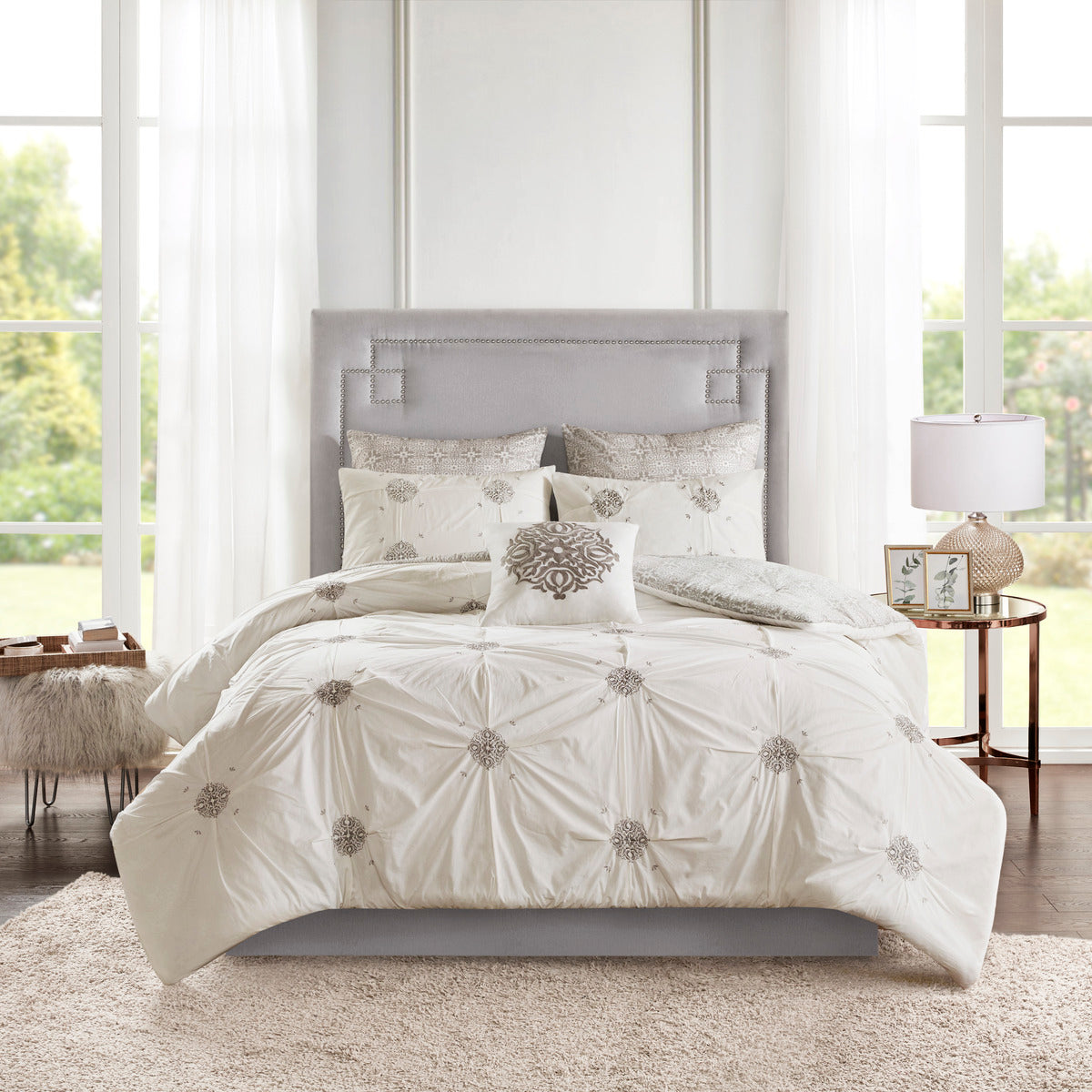 6 Piece Embroidered Cotton Reversible Comforter Set Ivory Full Queen Full Ivory Polyester