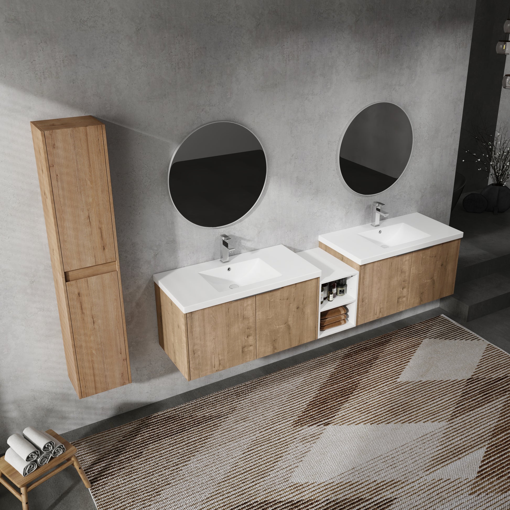 84" Wall Mounted Bathroom Vanity With Sink And Side Cabinet, Soft Close Doors,00112Imo 00636Imox2 0612Gwh Combination Cabinet Kd Packing Imitative Oak Bathroom Modern Plywood Plywood