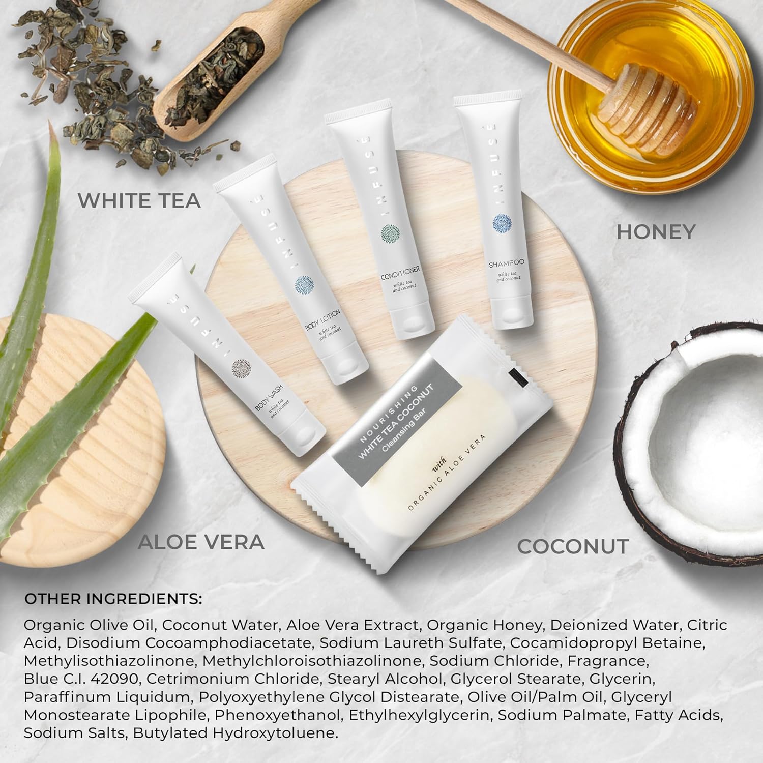 Infuse Pure White Tea And Coconut Hotel Soaps And Toiletries Bulk Set 1 Shoppe All In Kit For Hotels 1Oz Shampoo & Conditioner, Body Wash, Lotion & 1.25Oz Bar Soap Travel Size 300 Pieces White