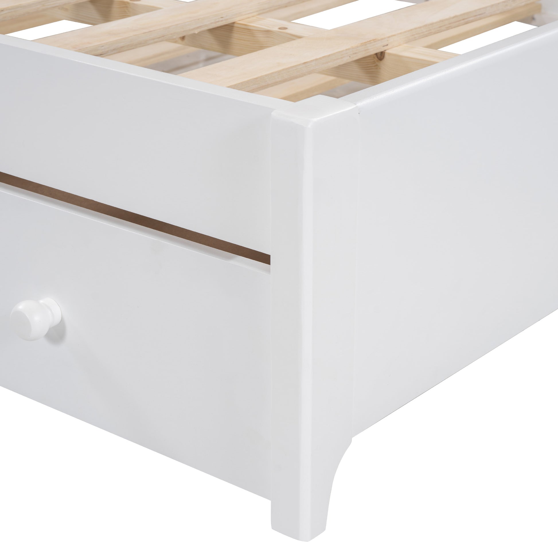 Queen Size Wooden Storage Platform Bed, With 2 Big Drawers, T Size Trundle, White Queen White Plywood
