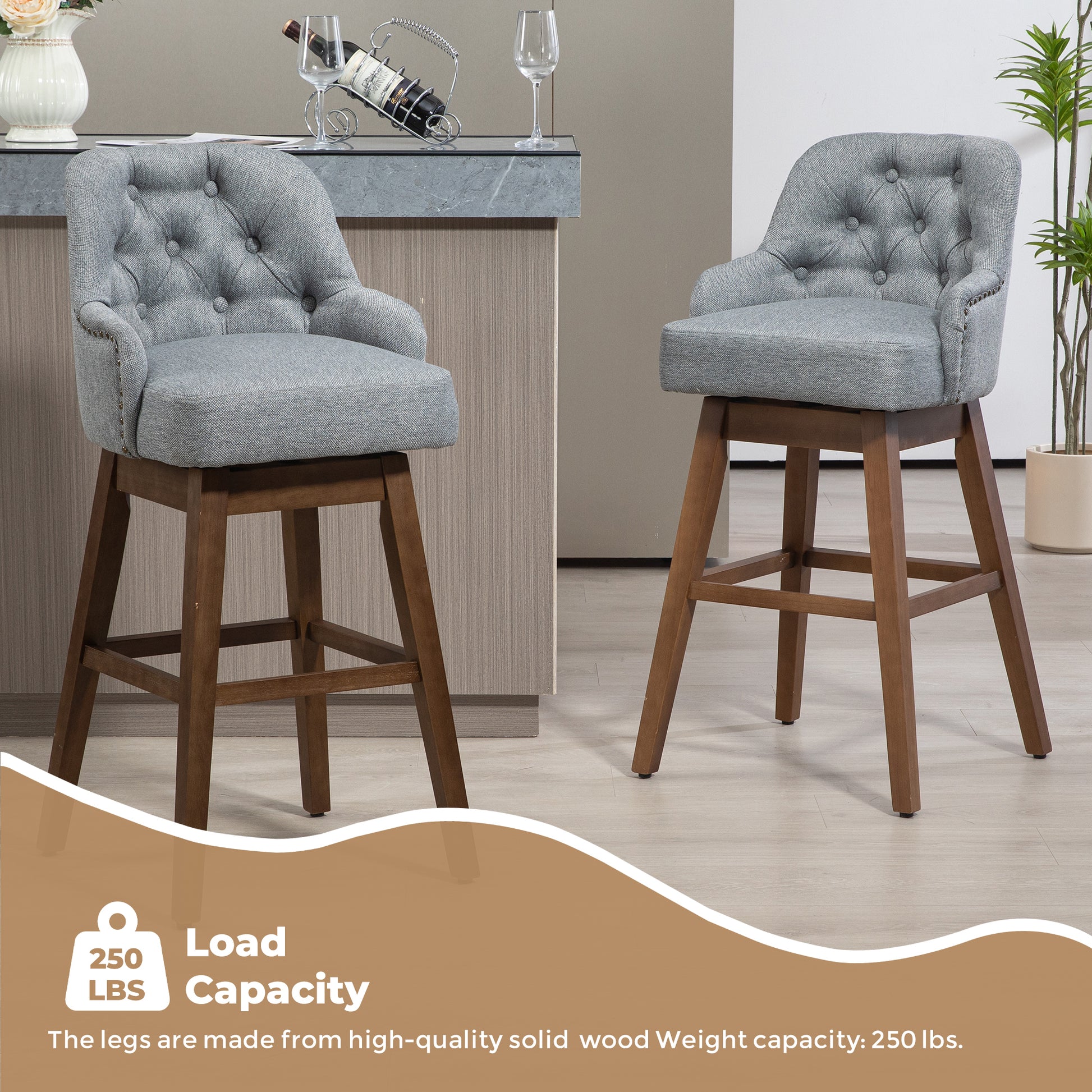 Coolmore Bar Stools Set Of 2 Counter Height Chairs With Footrest For Kitchen, Dining Room And 360 Degree Solid Wood Legs Swivel Bar Stools Set Of 2 Gray Linen Gray Foam Linen