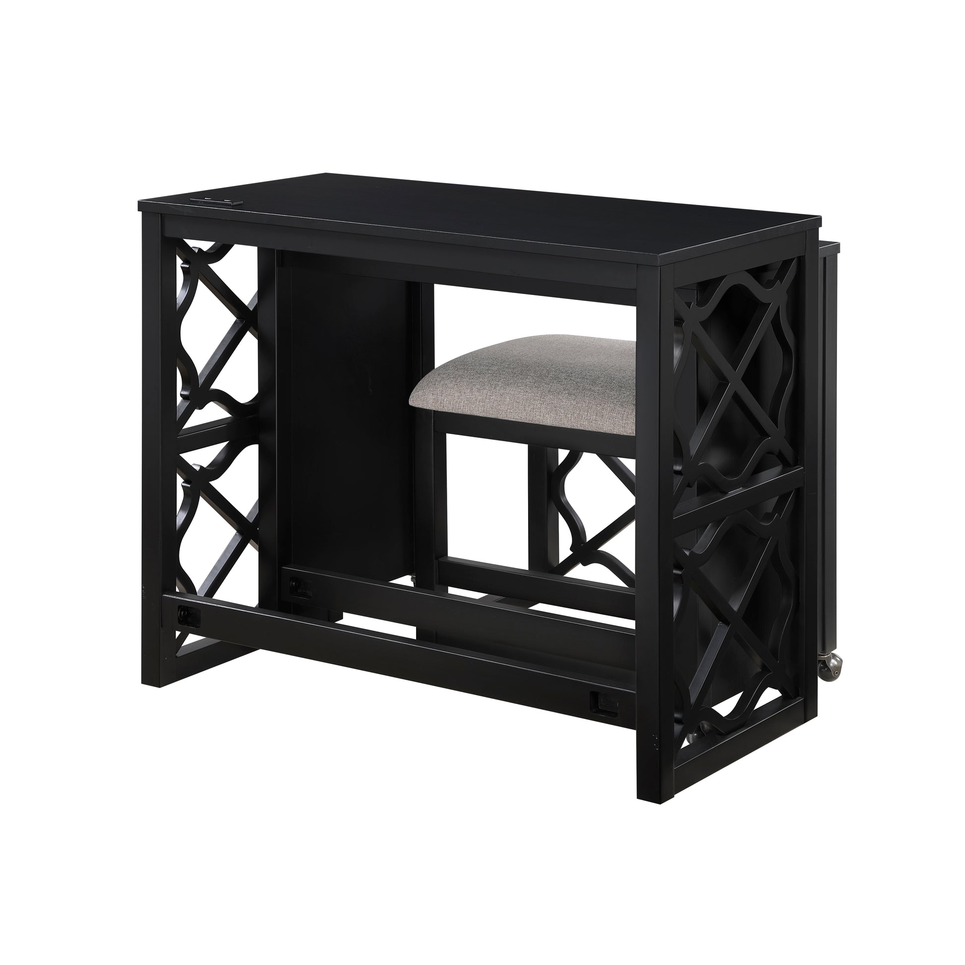 Desks And Stool Set 3Pc Black Finish Rolling Desk With Casters, 2 Charging Ports Home Office Furniture Black Primary Living Space Contemporary Desk Rectangular Wood