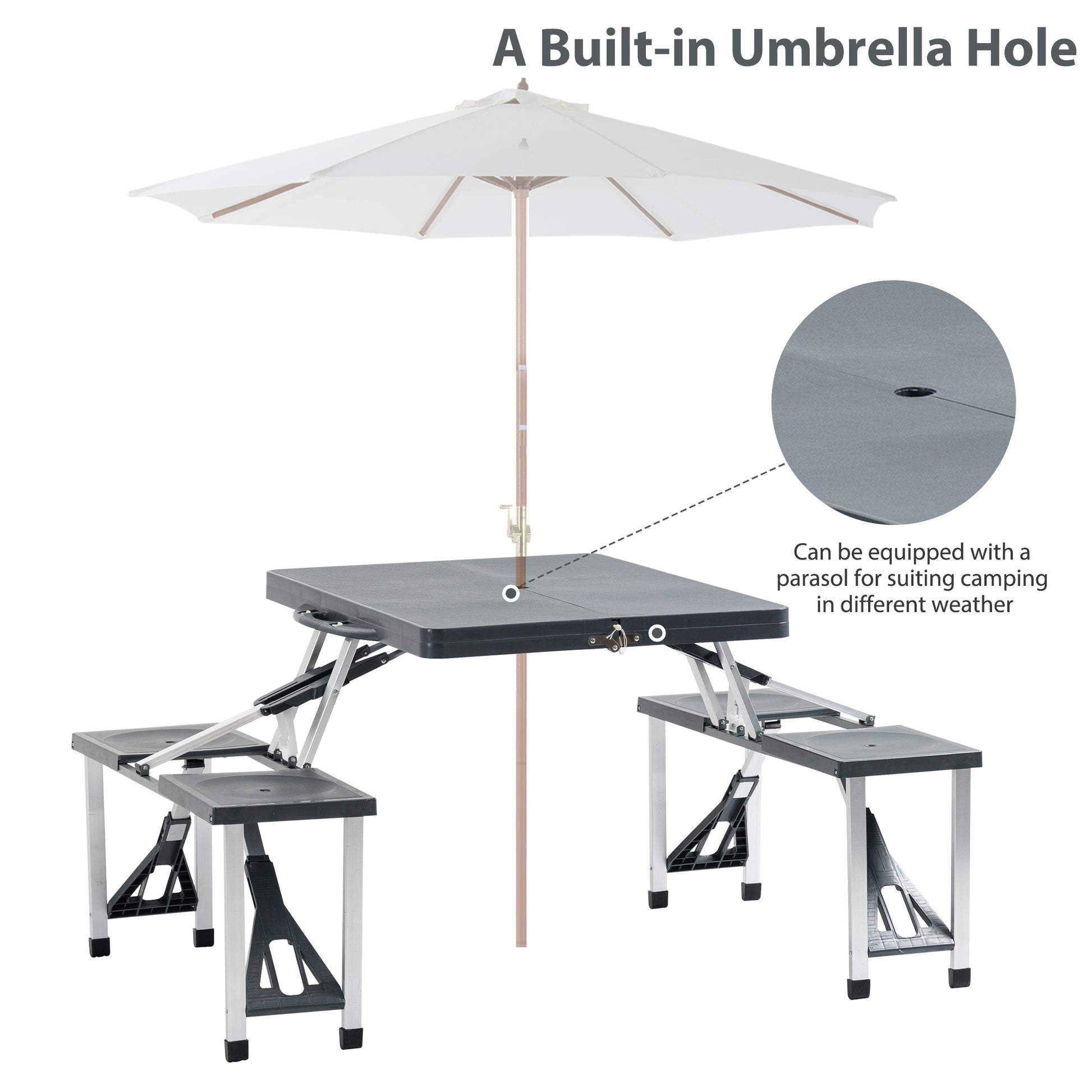 Outsunny Folding Picnic Table With Seats And Umbrella Hole, Portable Camping Chairs Set, 4 Seat, Aluminum Frame, Dark Gray Dark Grey Aluminum
