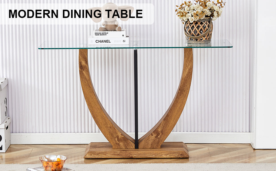 Modern Minimalist Rectangular Glass Table With 0.39 "Tempered Glass Top And Mdf Wood Grain Sticker Legs, Suitable For Entrance And Living Room. Transparent Glass