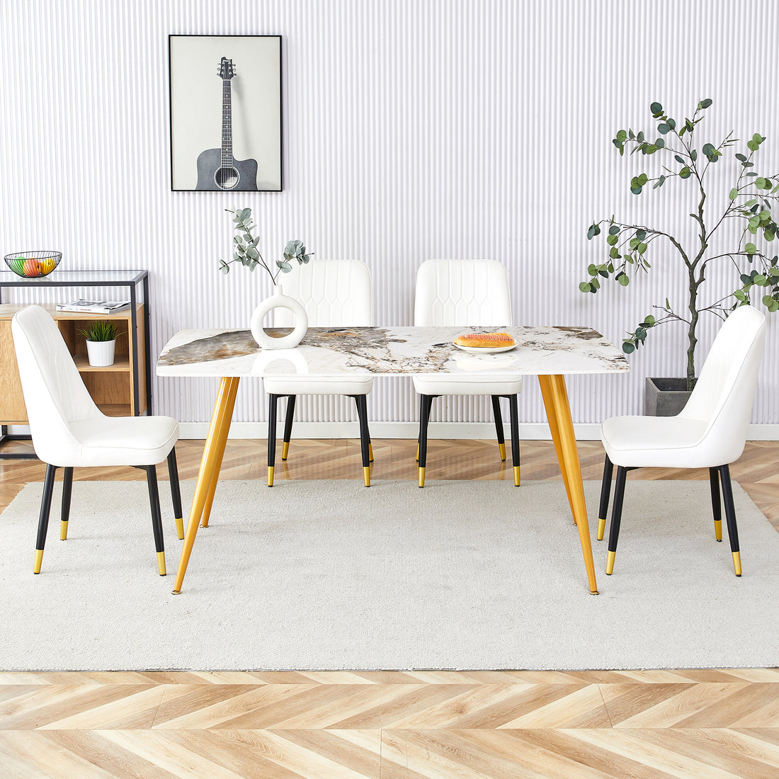 Table And Chair Set.Modern Minimalist Dining Table. White Imitation Marble Pattern Sintered Stone Desktop With Golden Metal Legs.Paried With 4 Comfortable Chairs With Pu Seats And Black Metal Legs.