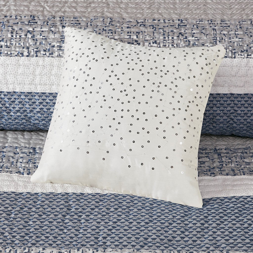 6 Piece Reversible Jacquard Quilt Set With Throw Pillows Navy Full Queen Navy Cotton