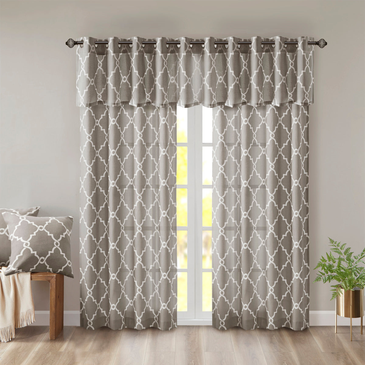 Fretwork Print Grommet Top Window Valance Grey White 50X18" Grey White Polyester