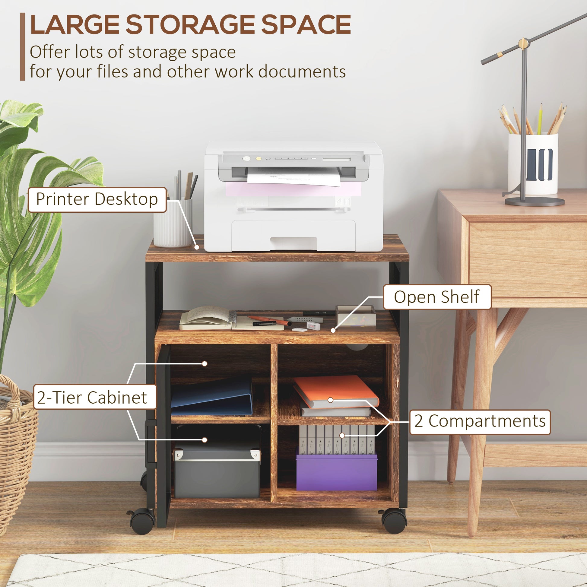 Vinsetto Mobile Printer Stand With Socket & Usb Ports, Rustic Brown Rustic Brown Particle Board