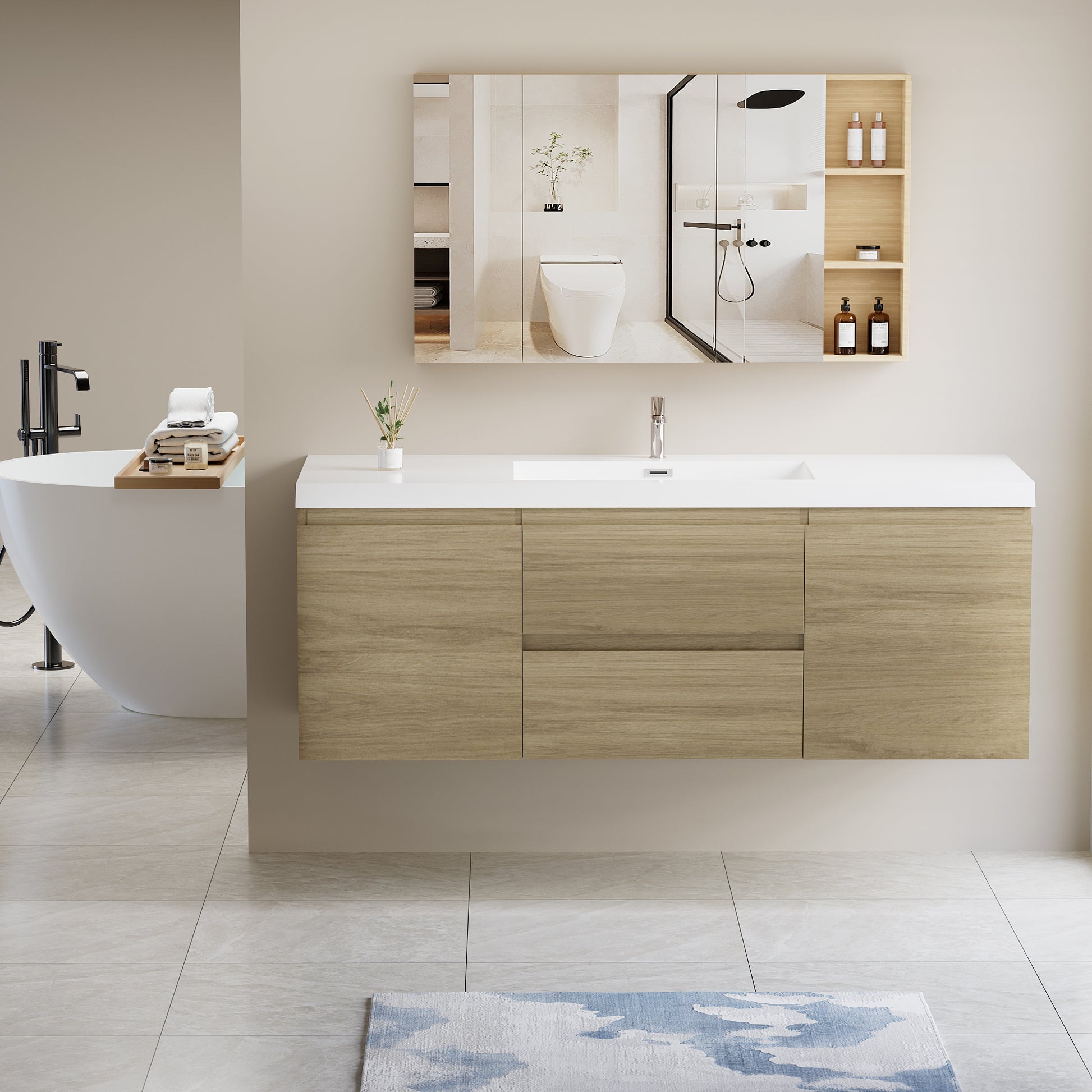 60" Floating Bathroom Vanity With Sink, Modern Wall Mounted Bathroom Storage Vanity Cabinet With Resin Top Basin And Soft Close Drawers, Natural Oak 24V11 60Sno 2 Oak 2 Bathroom Wall Mounted Melamine