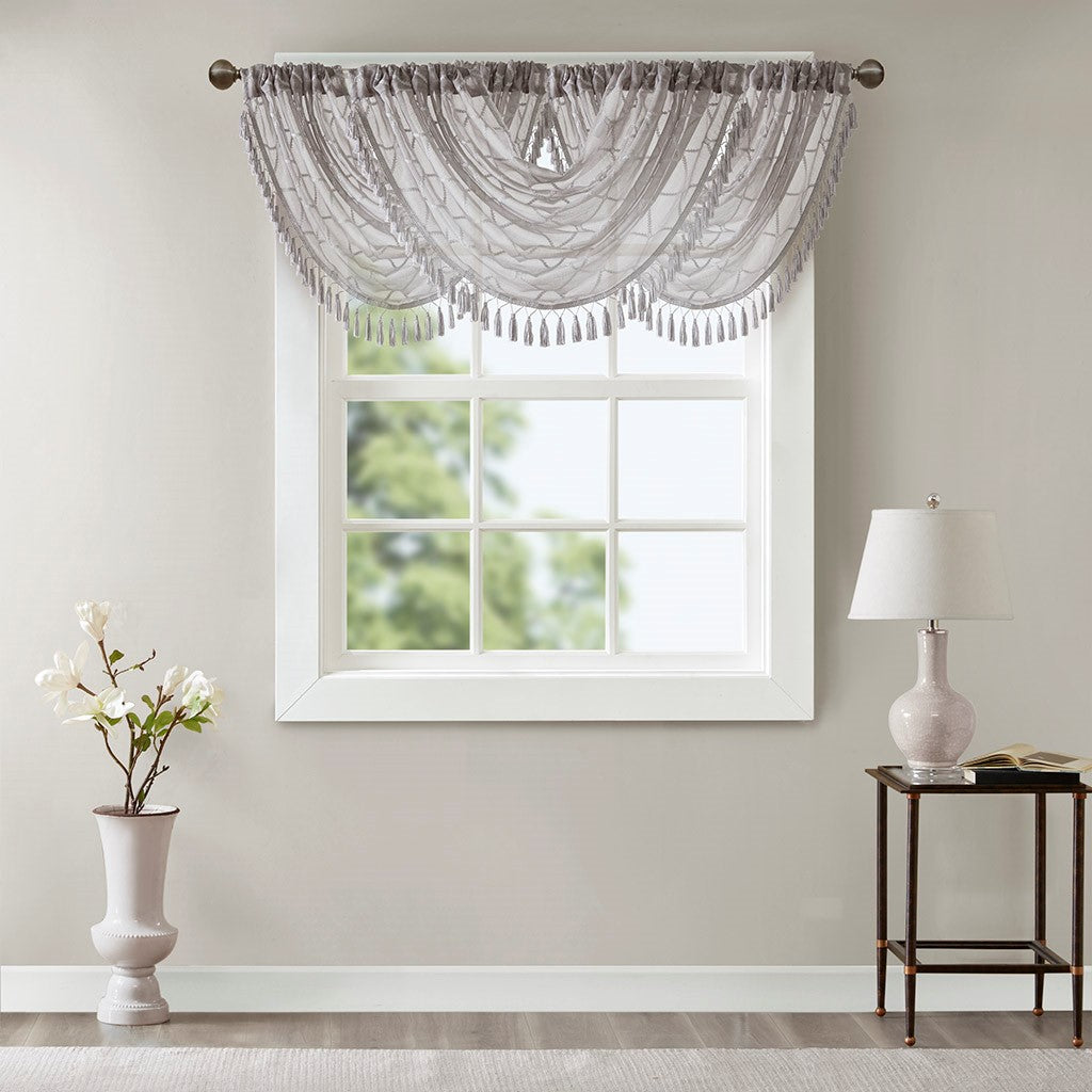 Diamond Sheer Embroidered Waterfall Valance Grey 38X46" Grey Polyester