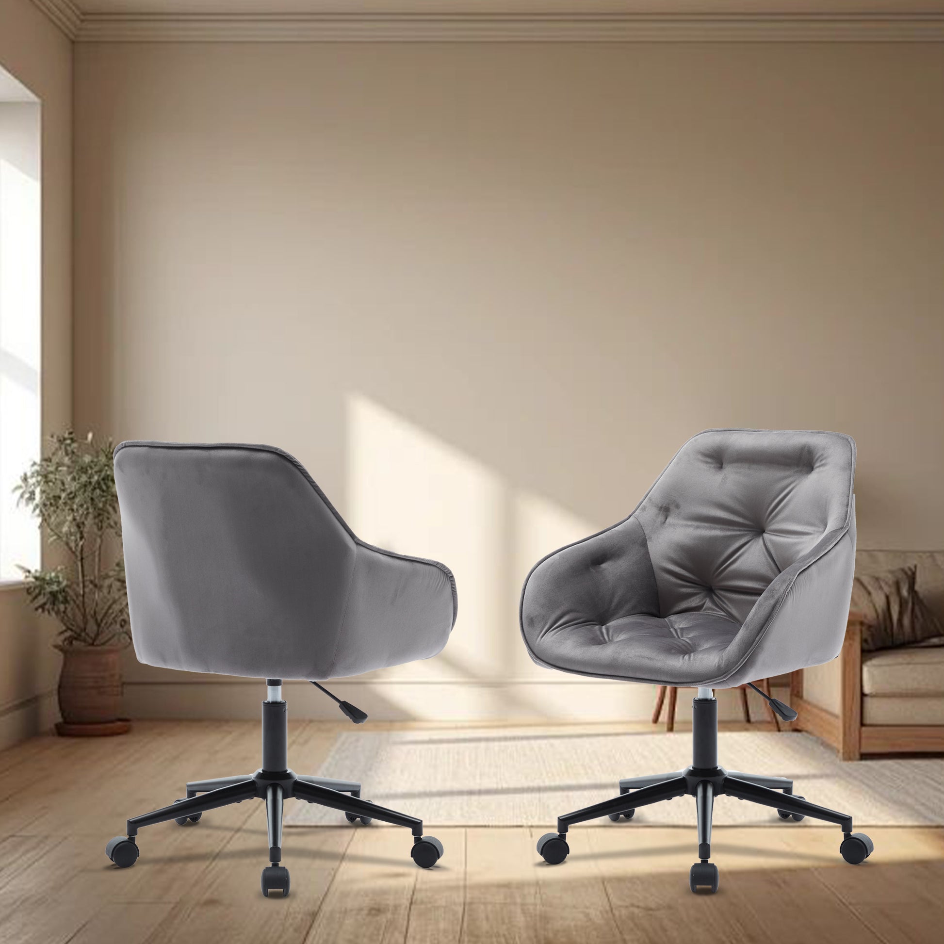 Elegent Velvet Office Chair With Wheels, Makeup Vanity Chair Height Adjustable For Teens Women Girls, Comfy Swivel Modern Leisure Armchair For Home Office, Bedroom, Study And Vanity. Gray Gray Primary Living Space Luxury,Modern Foam Iron