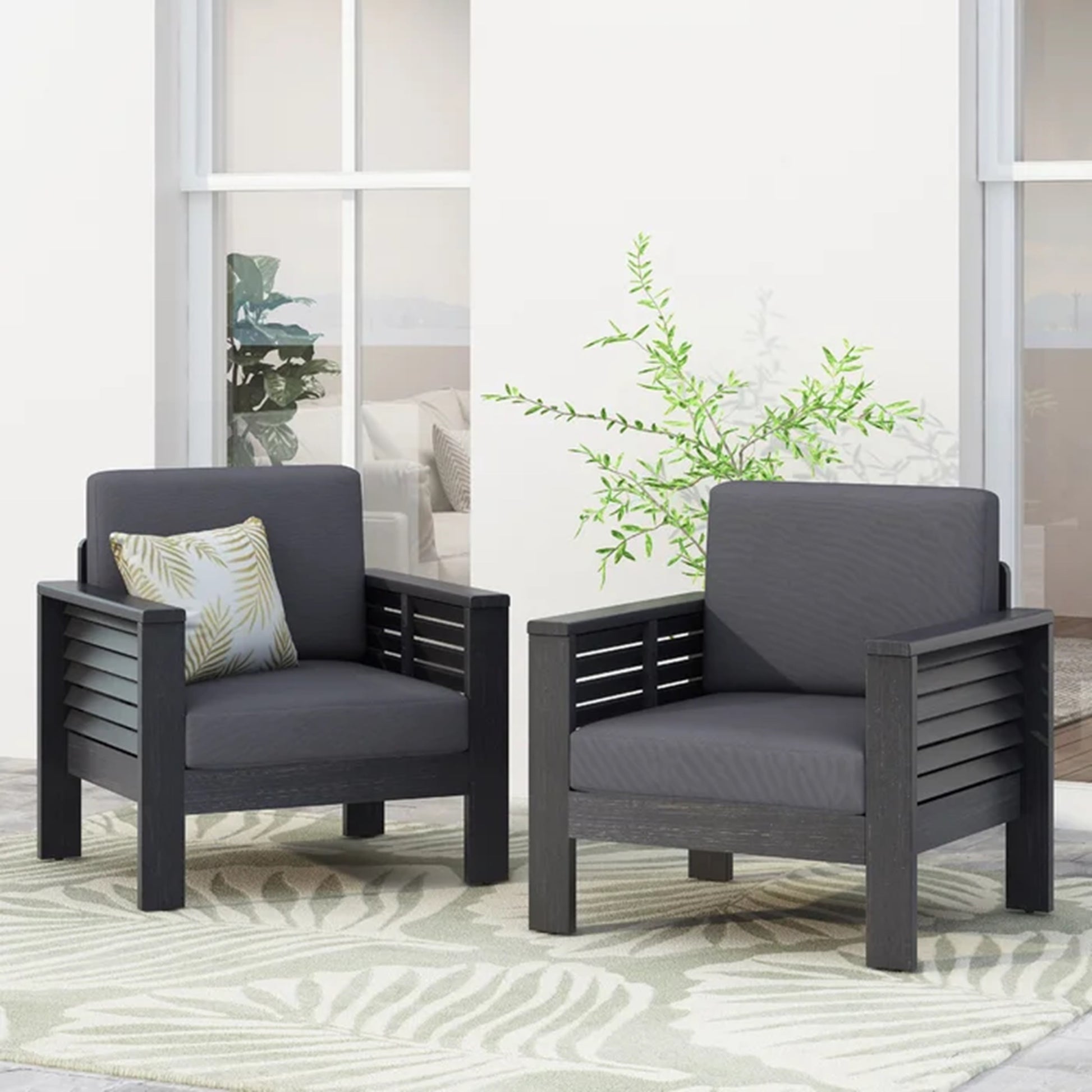 Set Of 2 Outdoor Acacia Wood Club Chairs With Cushions, Dark Gray, 27.75"D X 32"W X 27.75"H Yes Grey Foam Acacia Wood
