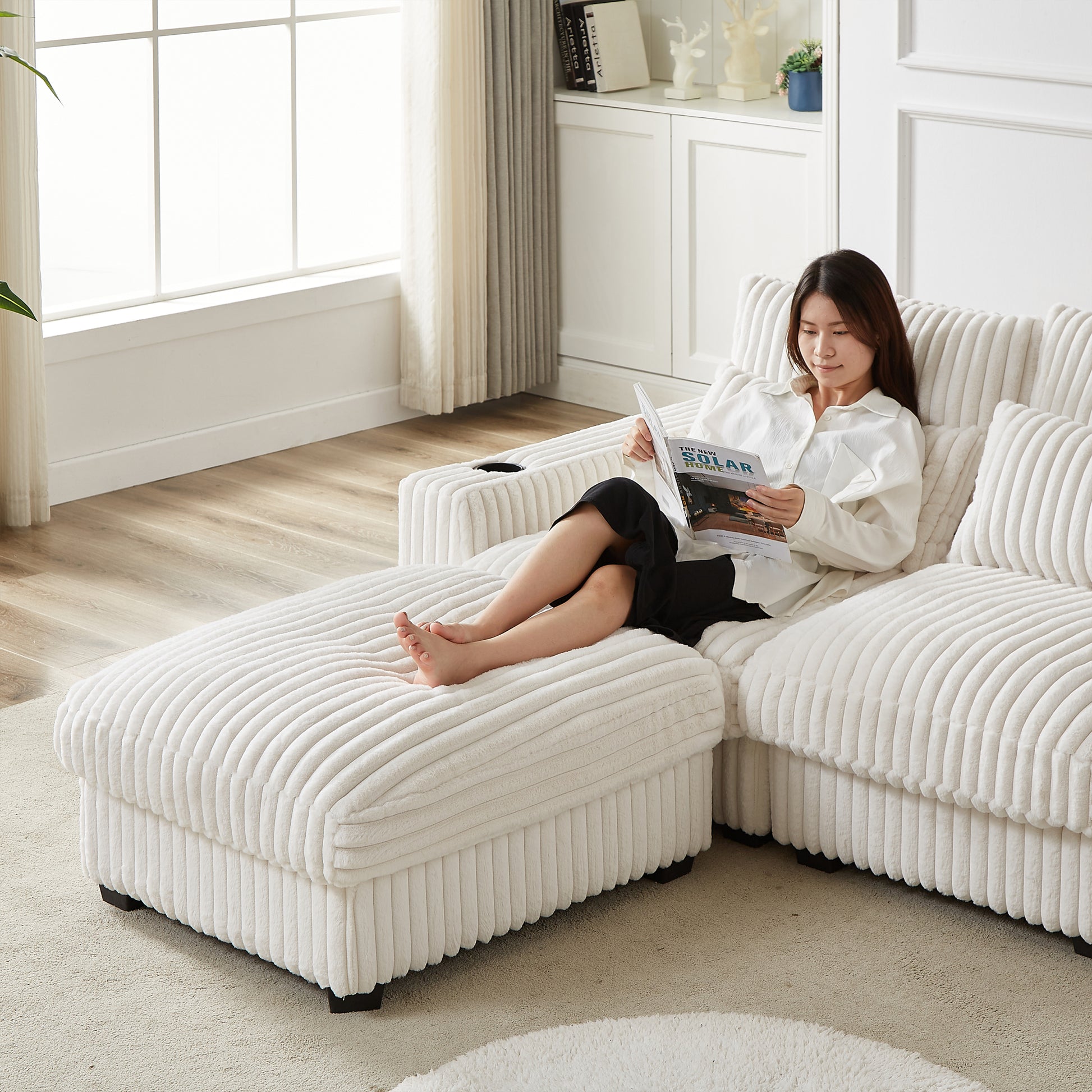 128 Inch Corduroy With Cup Holder Super Large L Shaped Sofa, Movable Footrest, Four Waist Pillows And Four Back Cushion, With Usb Port And T Pyce Port Beige Corduroy 3 Seat