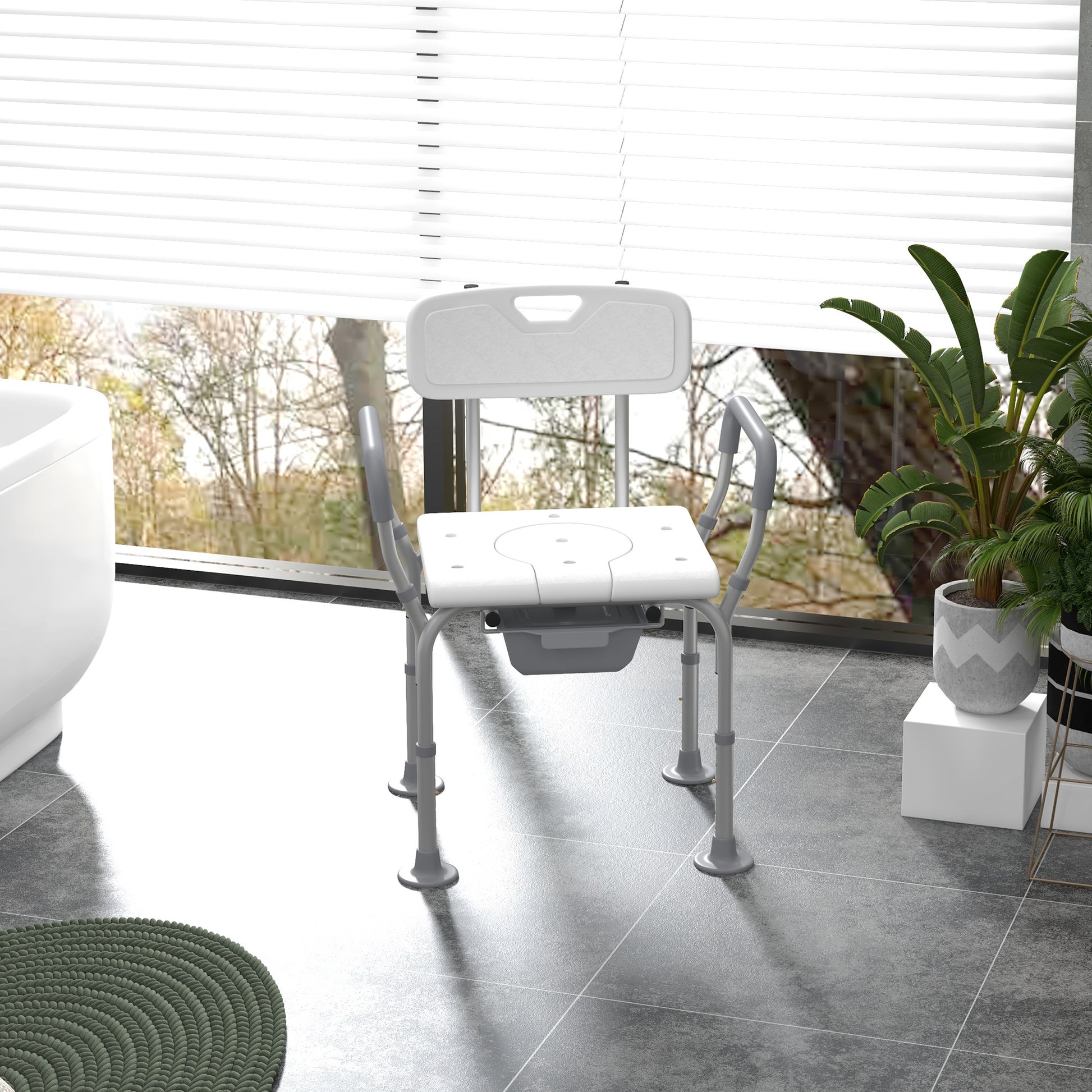 Homcom 3 In 1 Shower Chair With Back And Arms, Height Adjustable Bedside Commode, Raised Toilet Seat With Non Slip Rubber Foot Pad For Seniors, Disabled, White White Aluminum