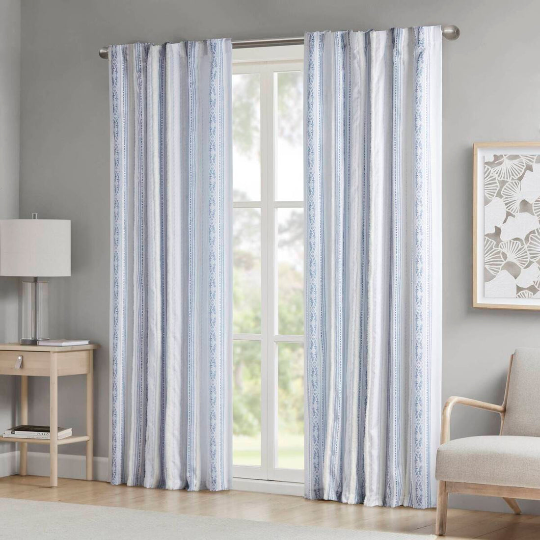 Poly Printed Curtain Panel With Tufted Stripe And Lining White Navy 50X84" Multicolor Polyester