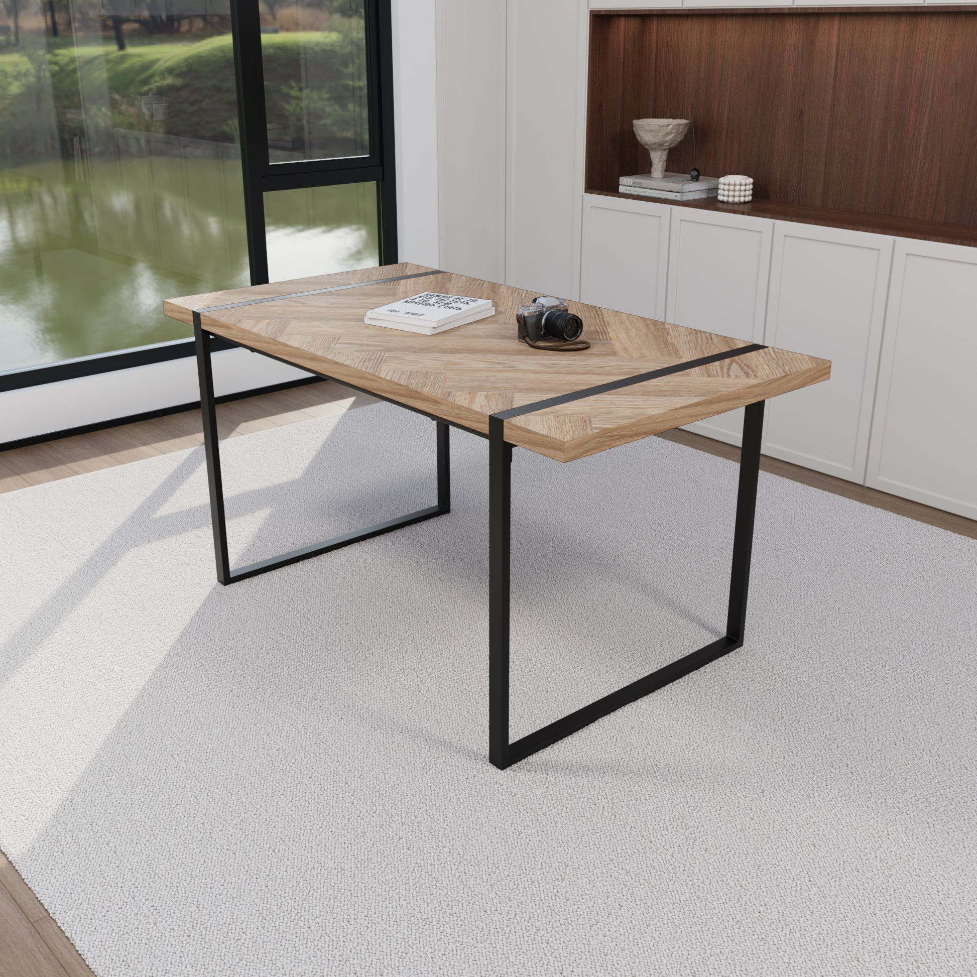 59 "Rural Industrial Rectangular Mdf Light Wood Dining Table, 4 6 People, 1.5" Thick Engineering Wood Tabletop And Black Rectangular Metal Legs, Used For Desks, Kitchens, Terraces, Restaurants Natural Wood Kitchen Mdf