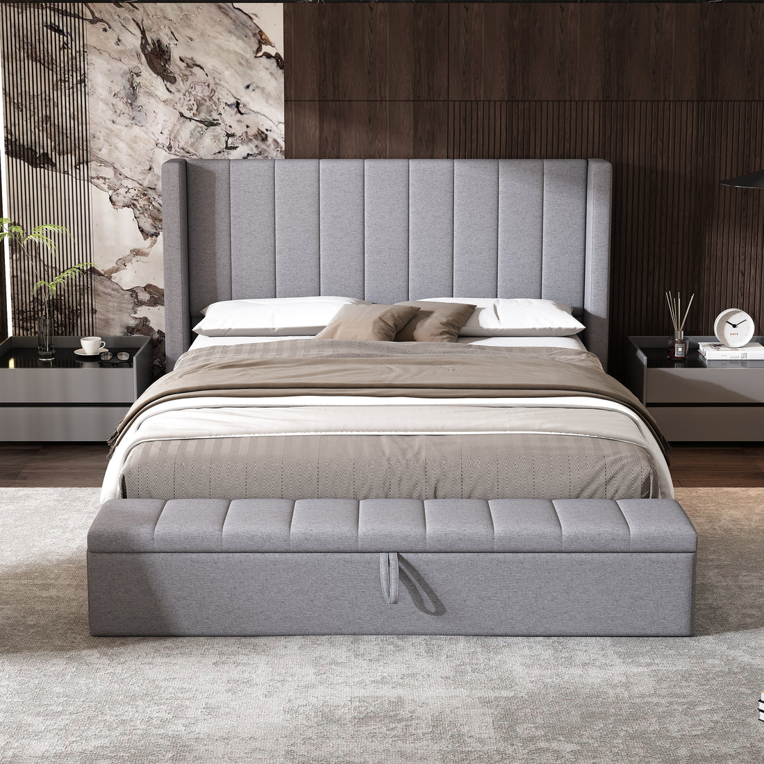 Queen Size Platform Bed With Headboard, Upholstered Platform Bed With Storage, Grey Box Spring Not Required Queen Grey Wood Bedroom Storage Included Foam Polyester Fabric,Plywood,Steel,Upholstered