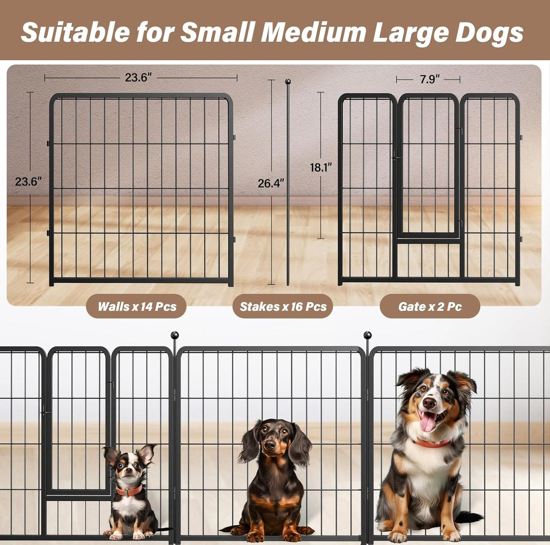 Dog Playpen Indoor Outdoor, 24" Height 16 Panels Fence With Anti Rust Coating, Metal Heavy Portable Foldable Dog Pen For Small Medium Dogs Rv Camping, Black Black Metal