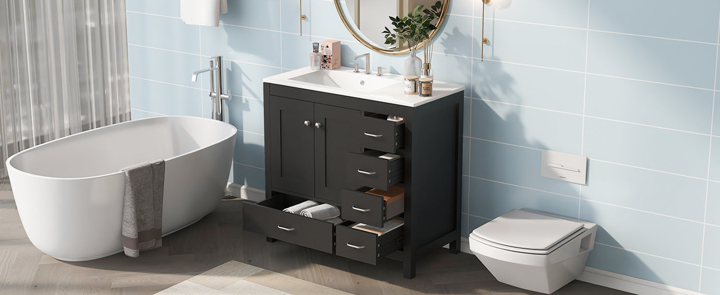 36" Black Bathroom Vanity With Ceramic Sink Combo, Abundant Storage Cabinet 2 Soft Close Doors And 5 Drawers Black Bathroom Solid Wood Mdf