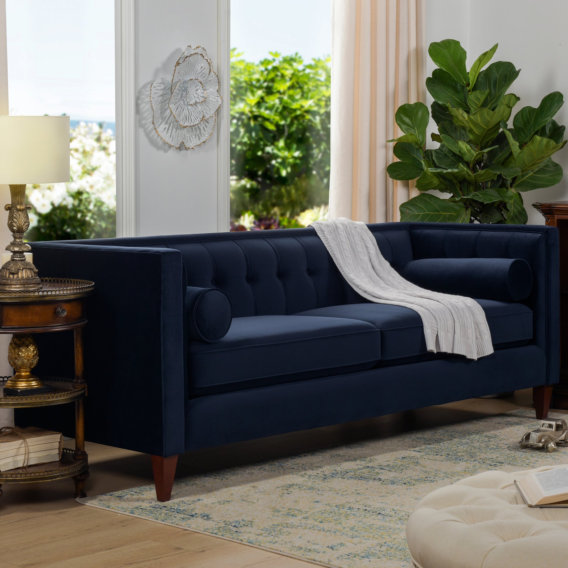 Jack 84" Modern Tuxedo Tufted Sofa, Dark Navy Blue Performance Velvet Dark Navy Foam Velvet 3 Seat
